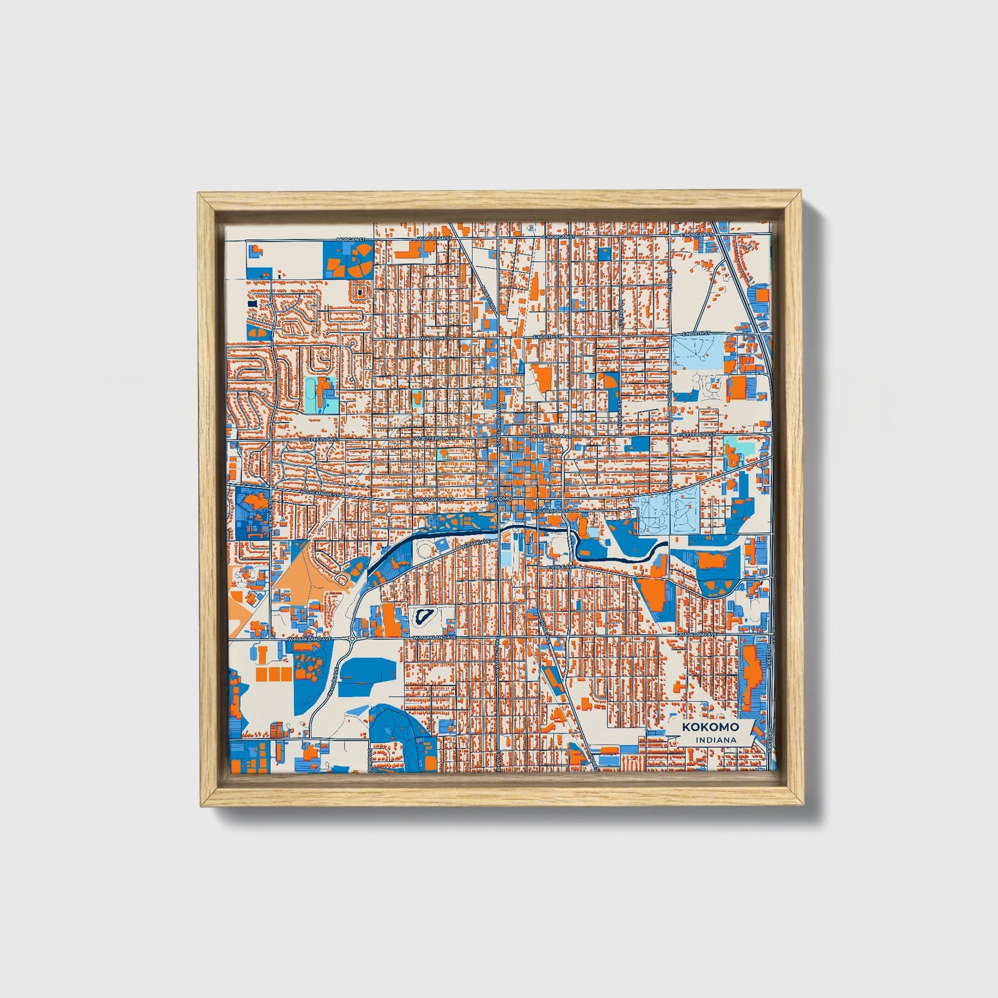 Kokomo Indiana Colorful City Map Canvas Print • Natural Wooden Framed