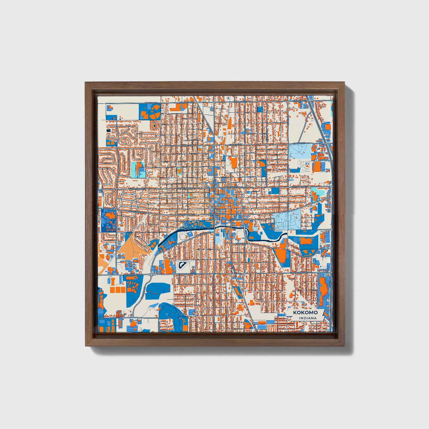 Kokomo Indiana Colorful City Map Canvas Print • Dark Wooden Framed