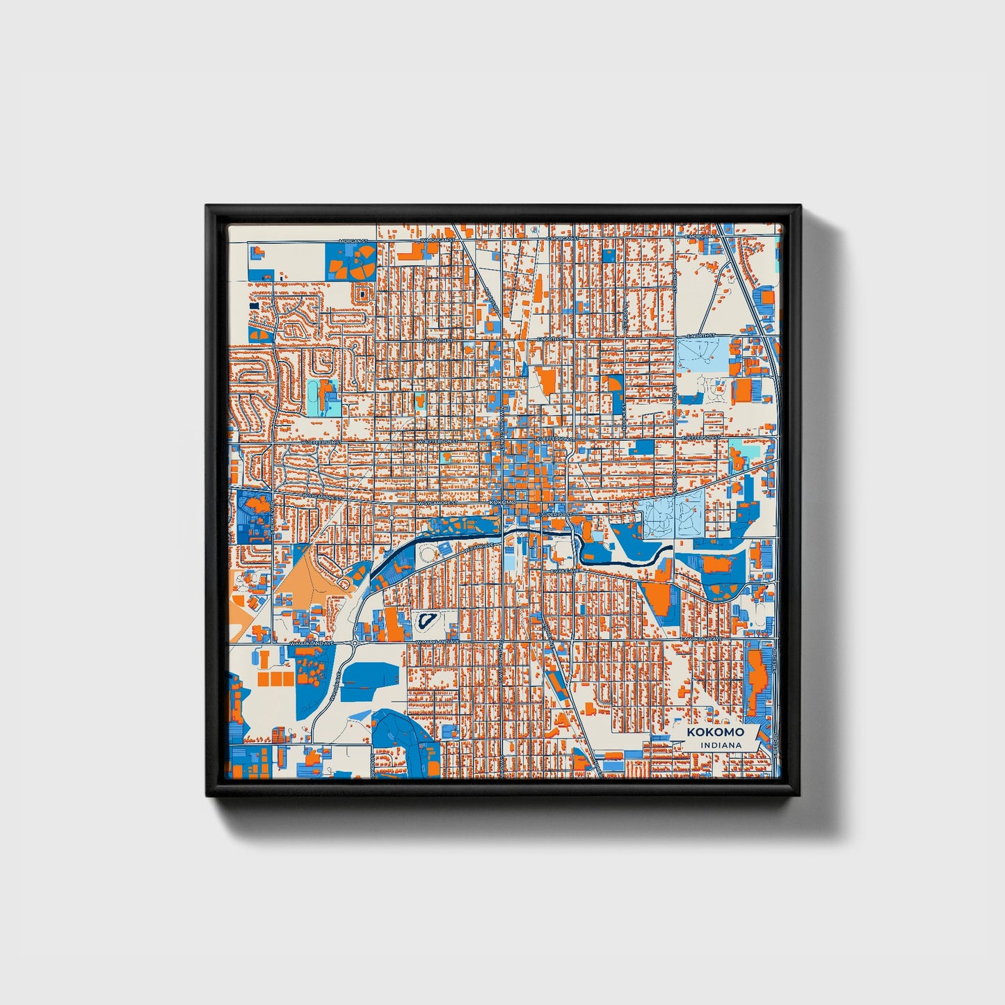 Kokomo Indiana Colorful City Map Canvas Print • Black Framed
