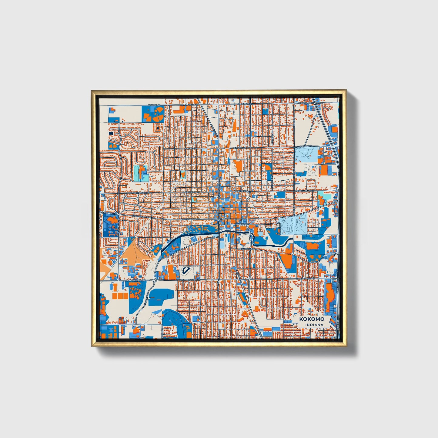 Kokomo Indiana Colorful City Map Canvas Print • Gold Framed