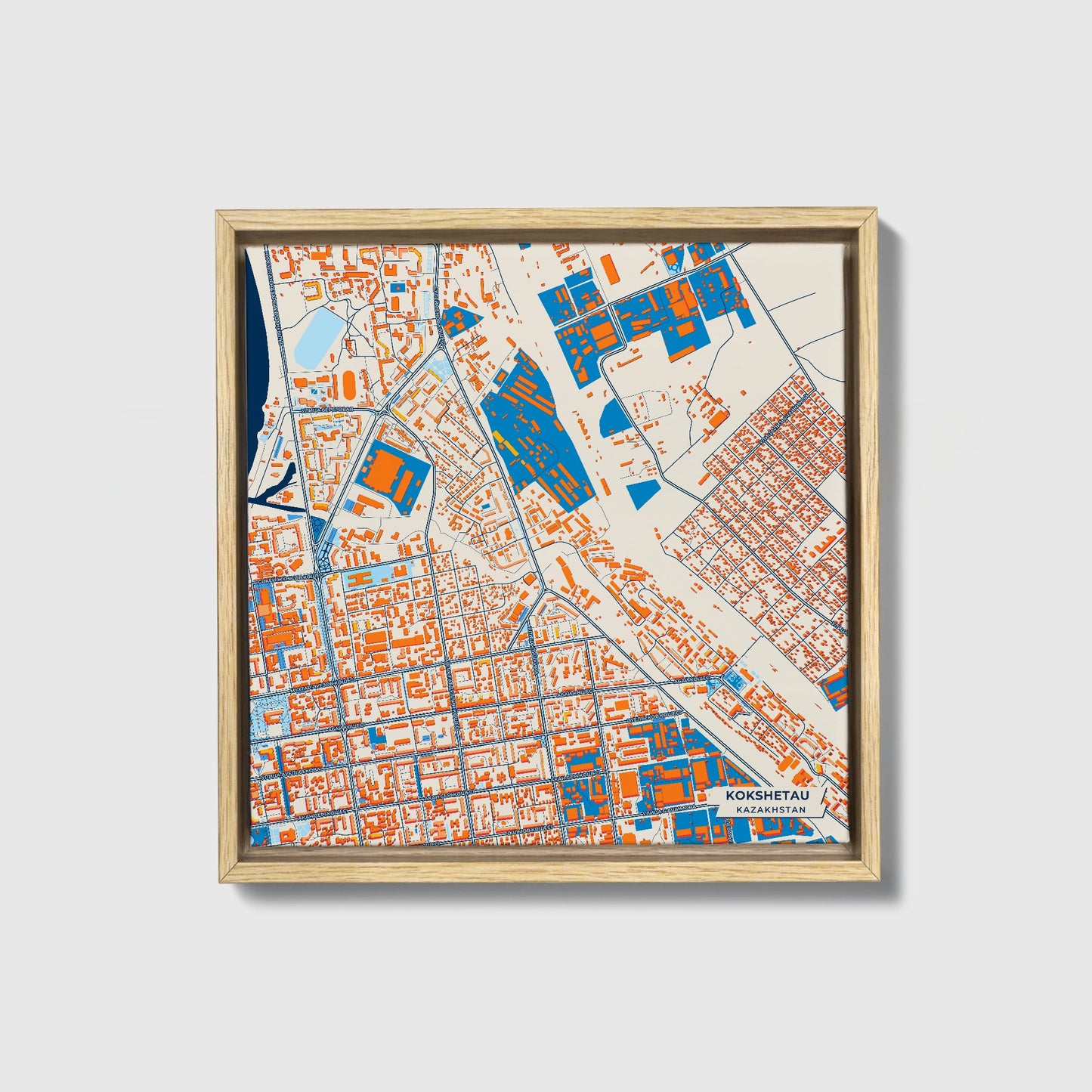 Kokshetau Kazakhstan Colorful City Map Canvas Print • Natural Wooden Framed