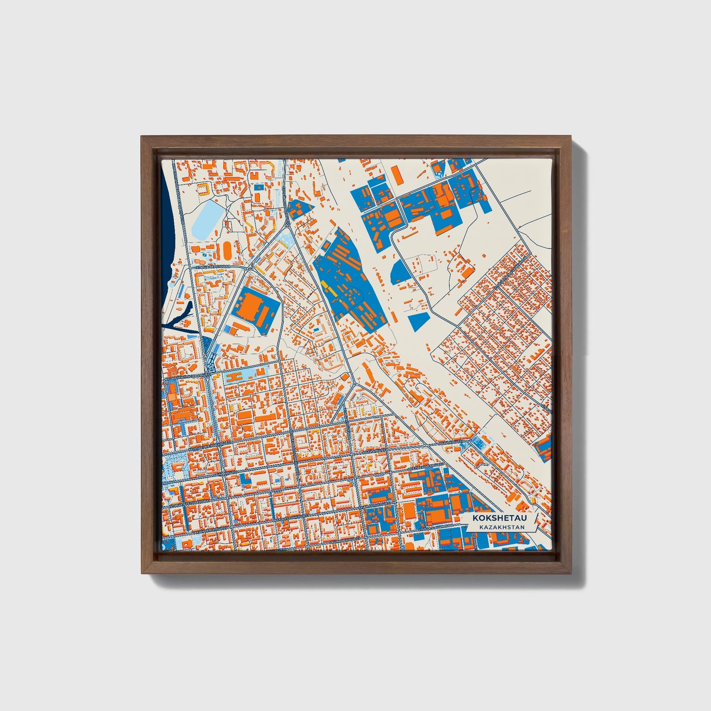 Kokshetau Kazakhstan Colorful City Map Canvas Print • Dark Wooden Framed