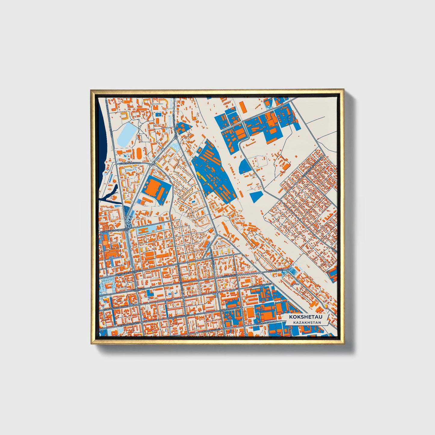 Kokshetau Kazakhstan Colorful City Map Canvas Print • Gold Framed