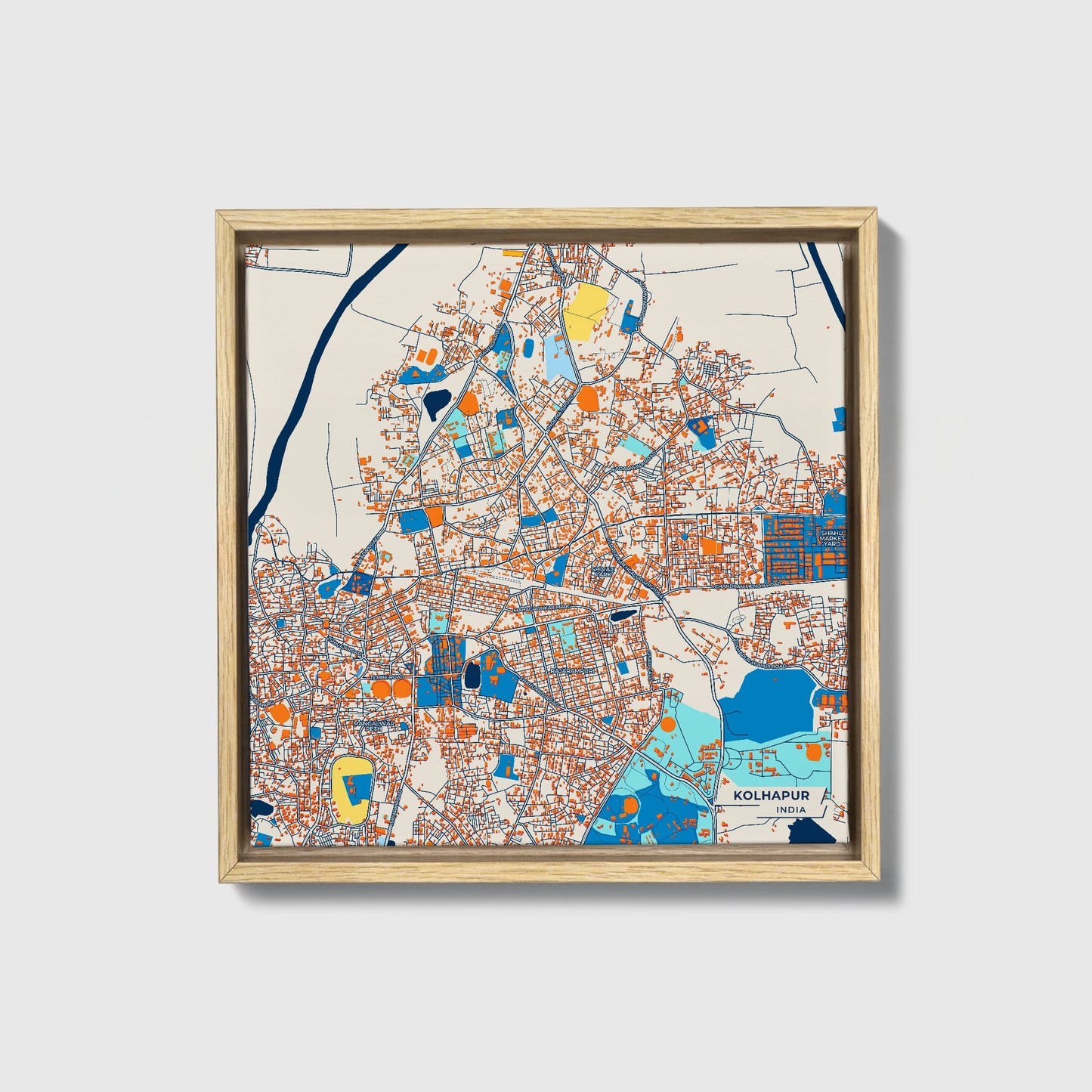 Kolhapur India Colorful City Map Canvas Print • Natural Wooden Framed