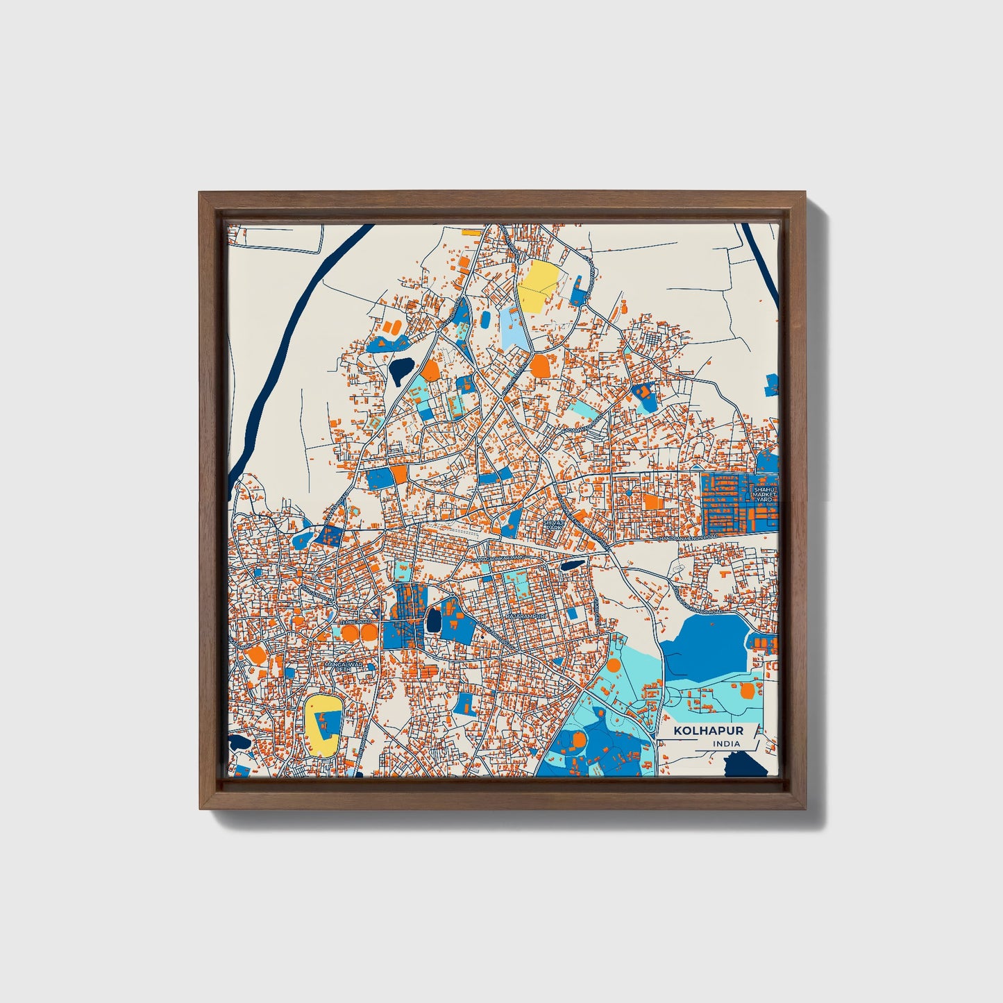 Kolhapur India Colorful City Map Canvas Print • Dark Wooden Framed