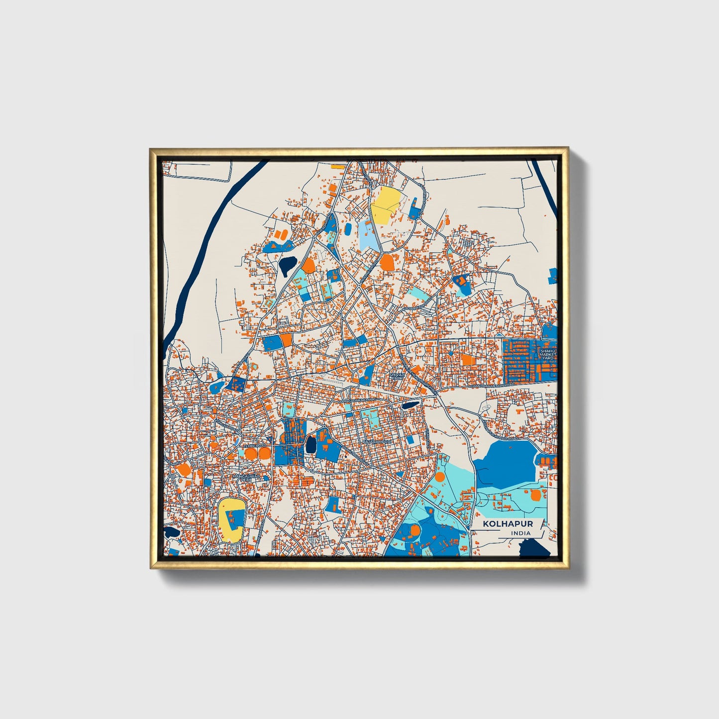 Kolhapur India Colorful City Map Canvas Print • Gold Framed