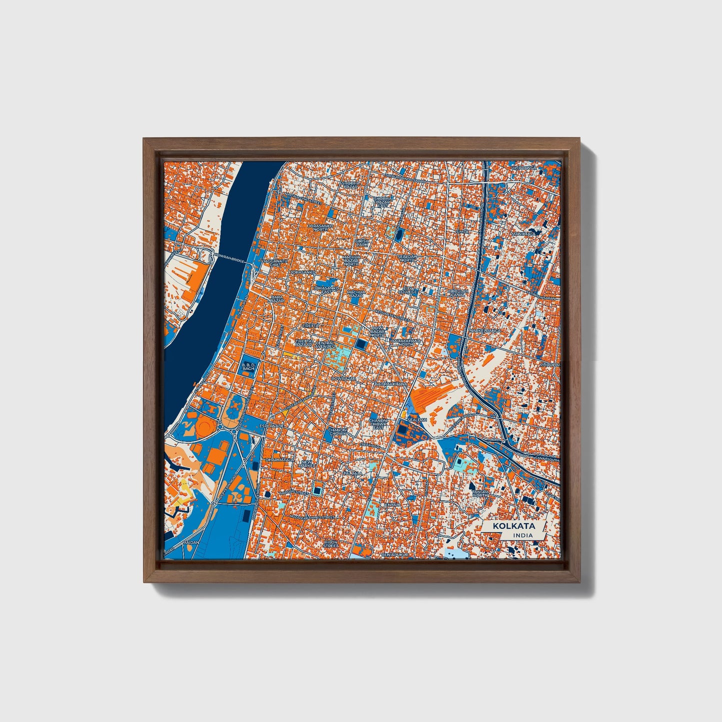 Kolkata India Colorful City Map Canvas Print • Dark Wooden Framed