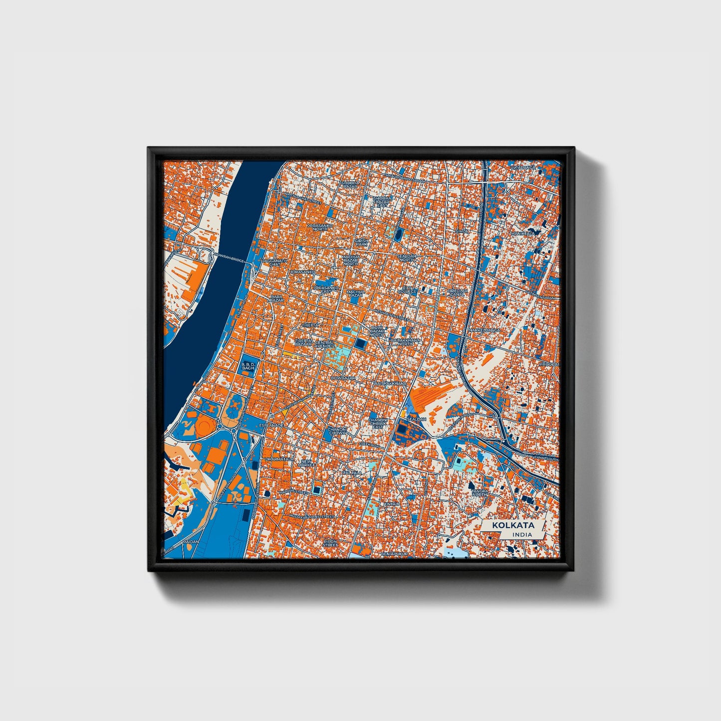 Kolkata India Colorful City Map Canvas Print • Black Framed