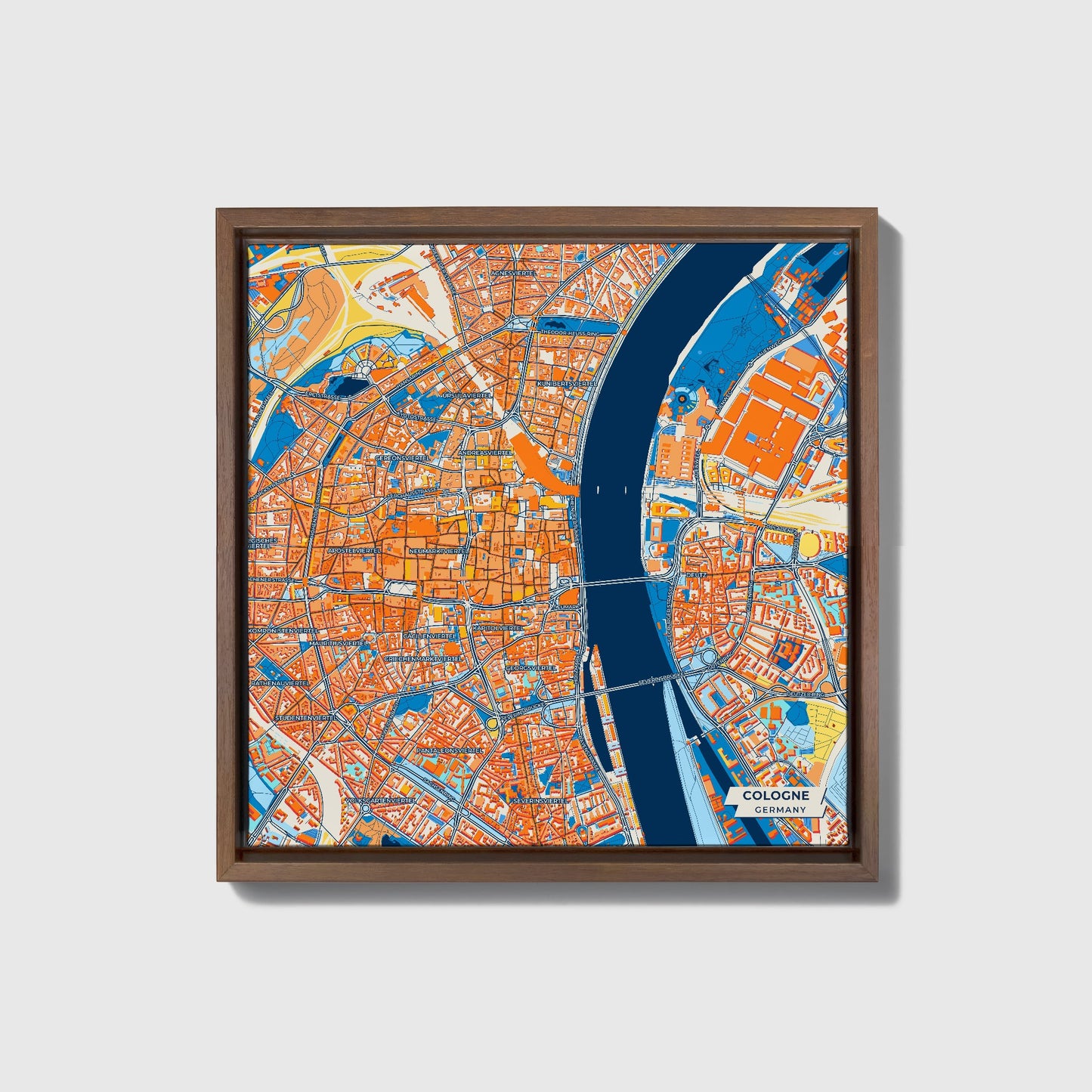 Köln Germany Colorful City Map Canvas Print • Dark Wooden Framed