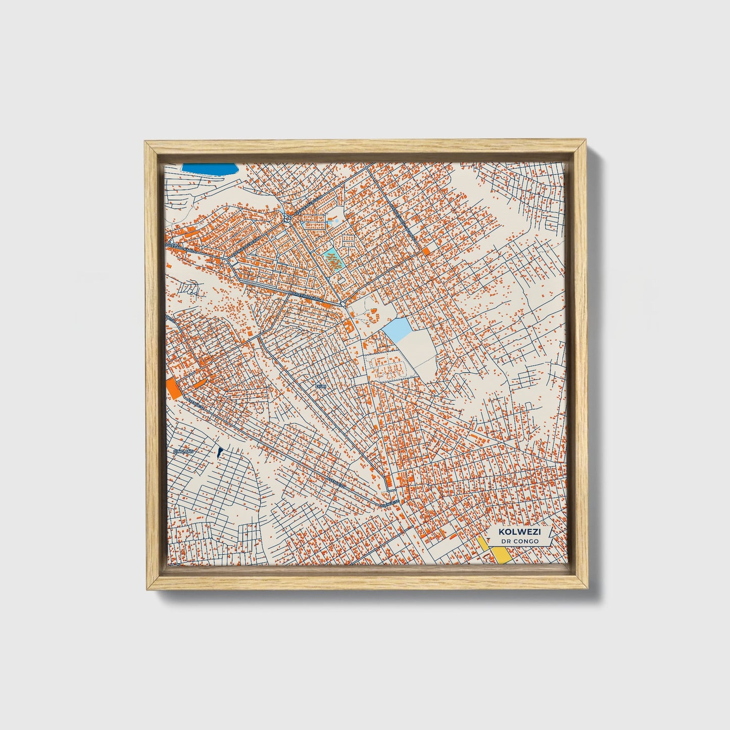 Kolwezi Dr Congo Colorful City Map Canvas Print • Natural Wooden Framed