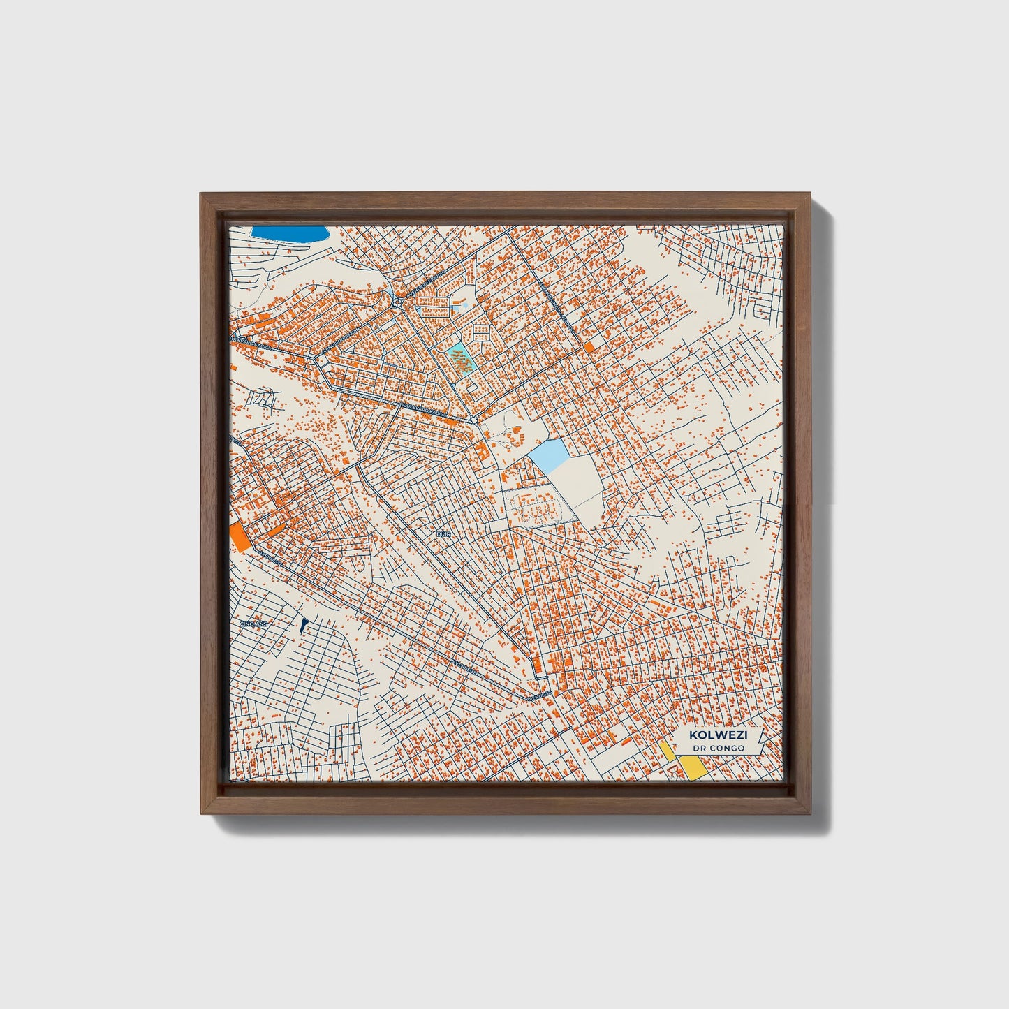 Kolwezi Dr Congo Colorful City Map Canvas Print • Dark Wooden Framed