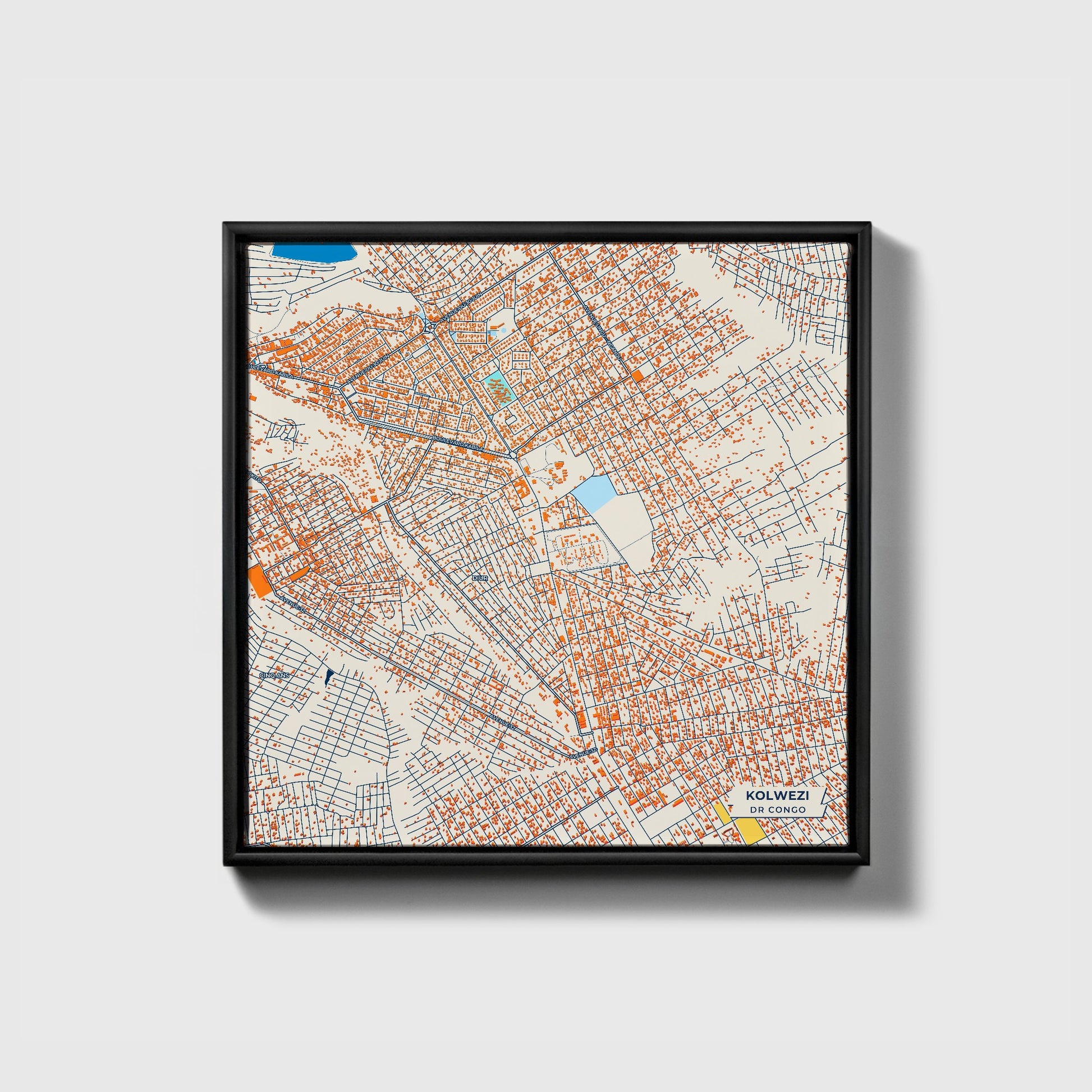 Kolwezi Dr Congo Colorful City Map Canvas Print • Black Framed
