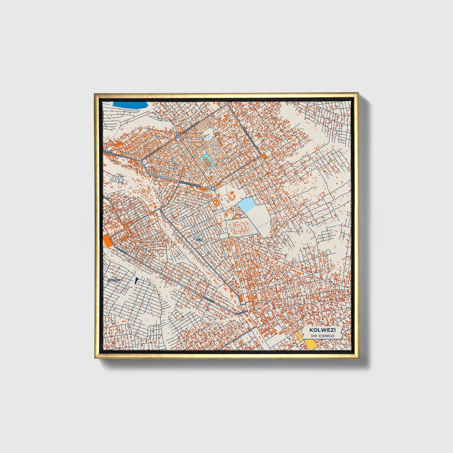 Kolwezi Dr Congo Colorful City Map Canvas Print • Gold Framed