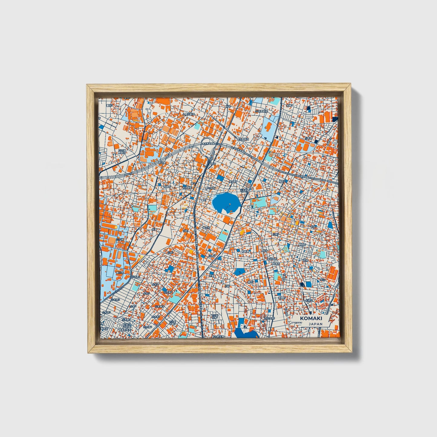 Komaki Japan Colorful City Map Canvas Print • Natural Wooden Framed