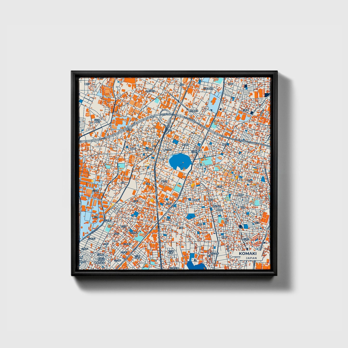 Komaki Japan Colorful City Map Canvas Print • Black Framed