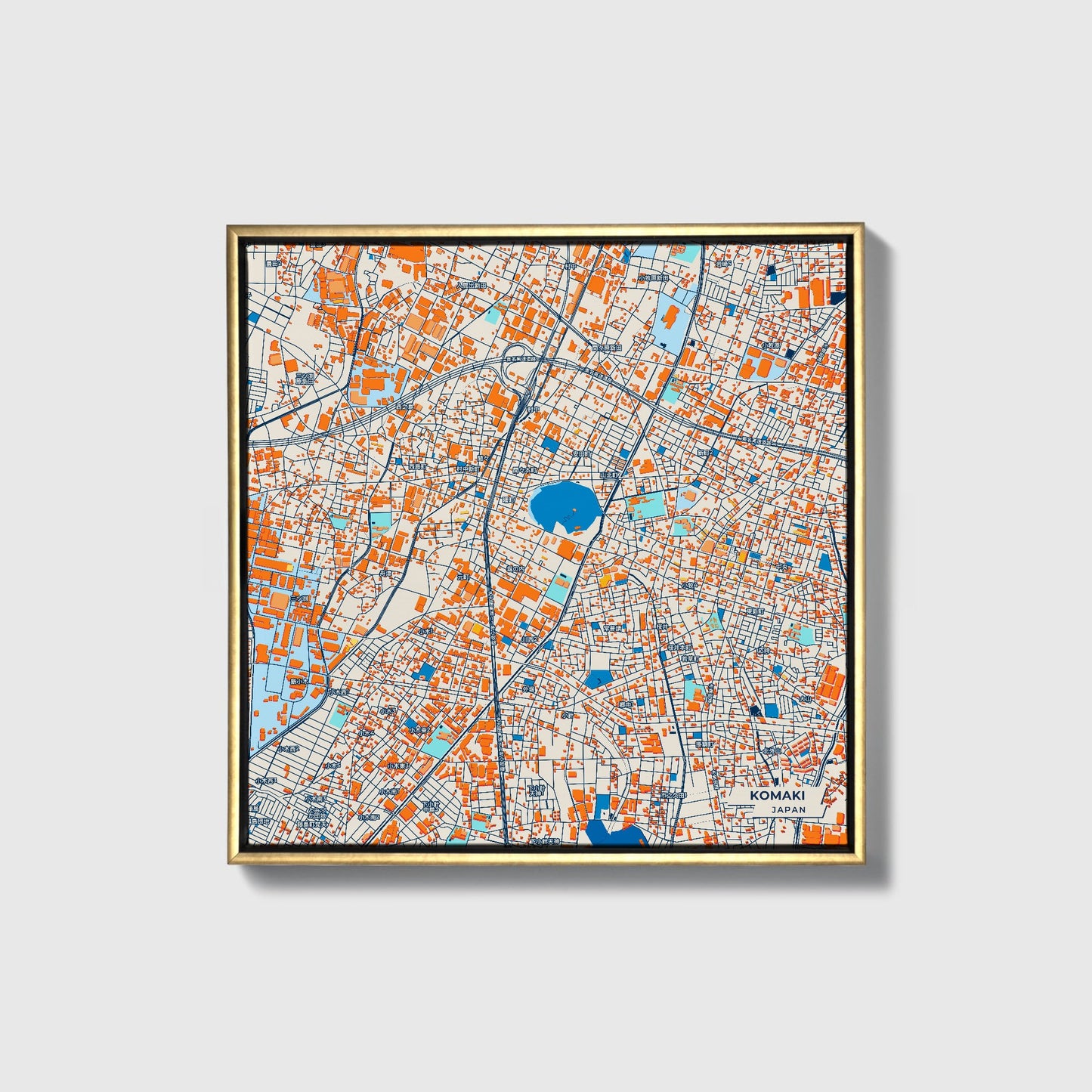 Komaki Japan Colorful City Map Canvas Print • Gold Framed