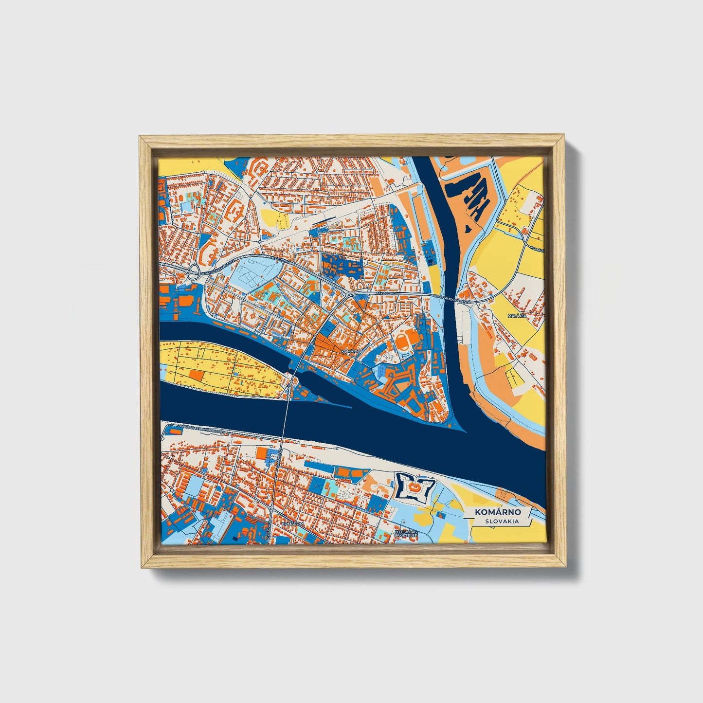 Komárno Slovakia Colorful City Map Canvas Print • Natural Wooden Framed