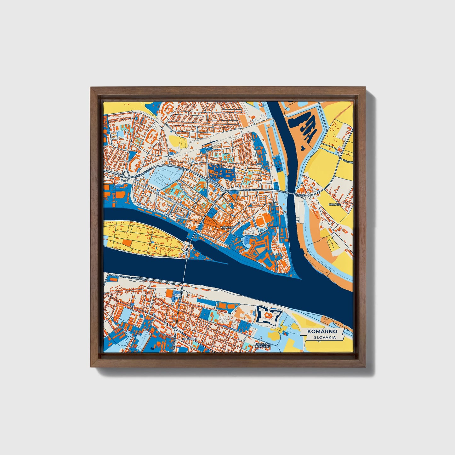 Komárno Slovakia Colorful City Map Canvas Print • Dark Wooden Framed