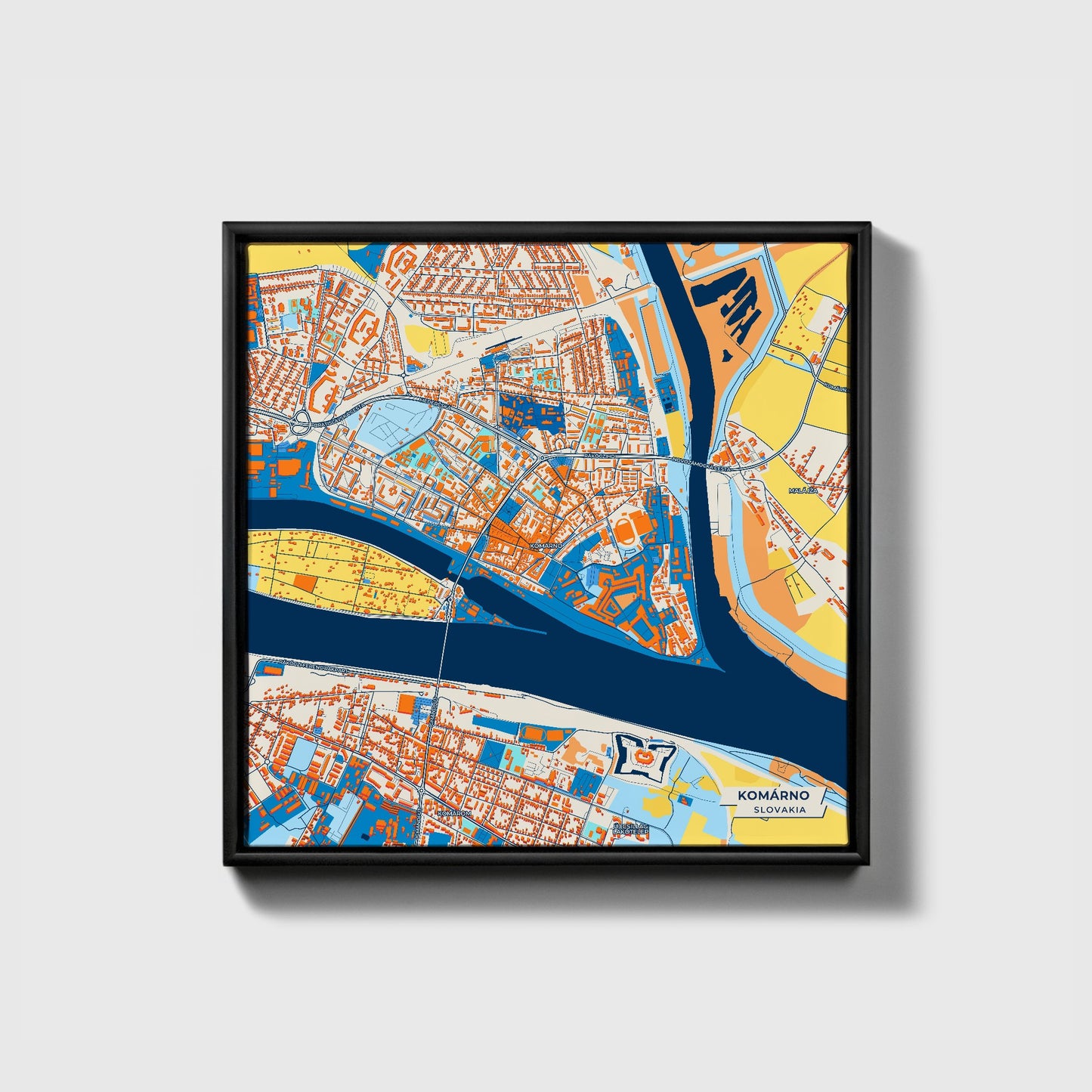 Komárno Slovakia Colorful City Map Canvas Print • Black Framed
