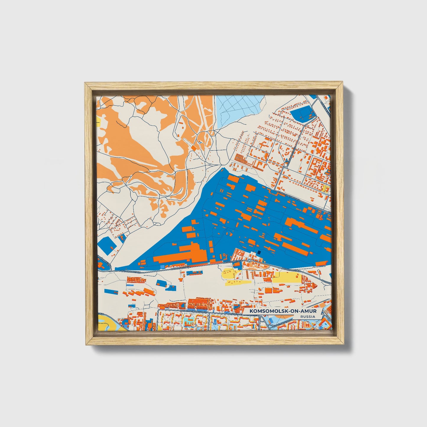 Комсомольск-На-Амур Russia Colorful City Map Canvas Print • Natural Wooden Framed