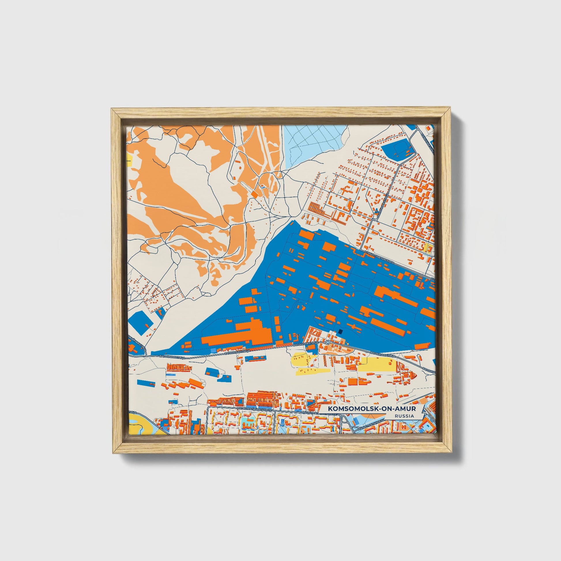 Комсомольск-На-Амур Russia Colorful City Map Canvas Print • Natural Wooden Framed