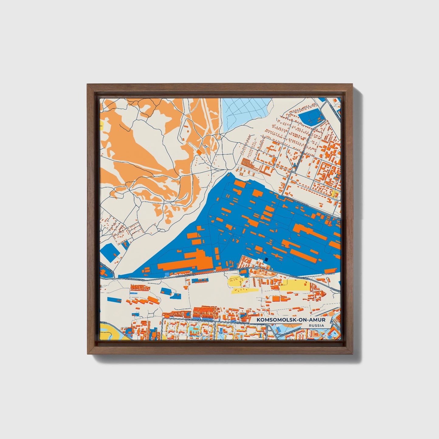 Комсомольск-На-Амур Russia Colorful City Map Canvas Print • Dark Wooden Framed