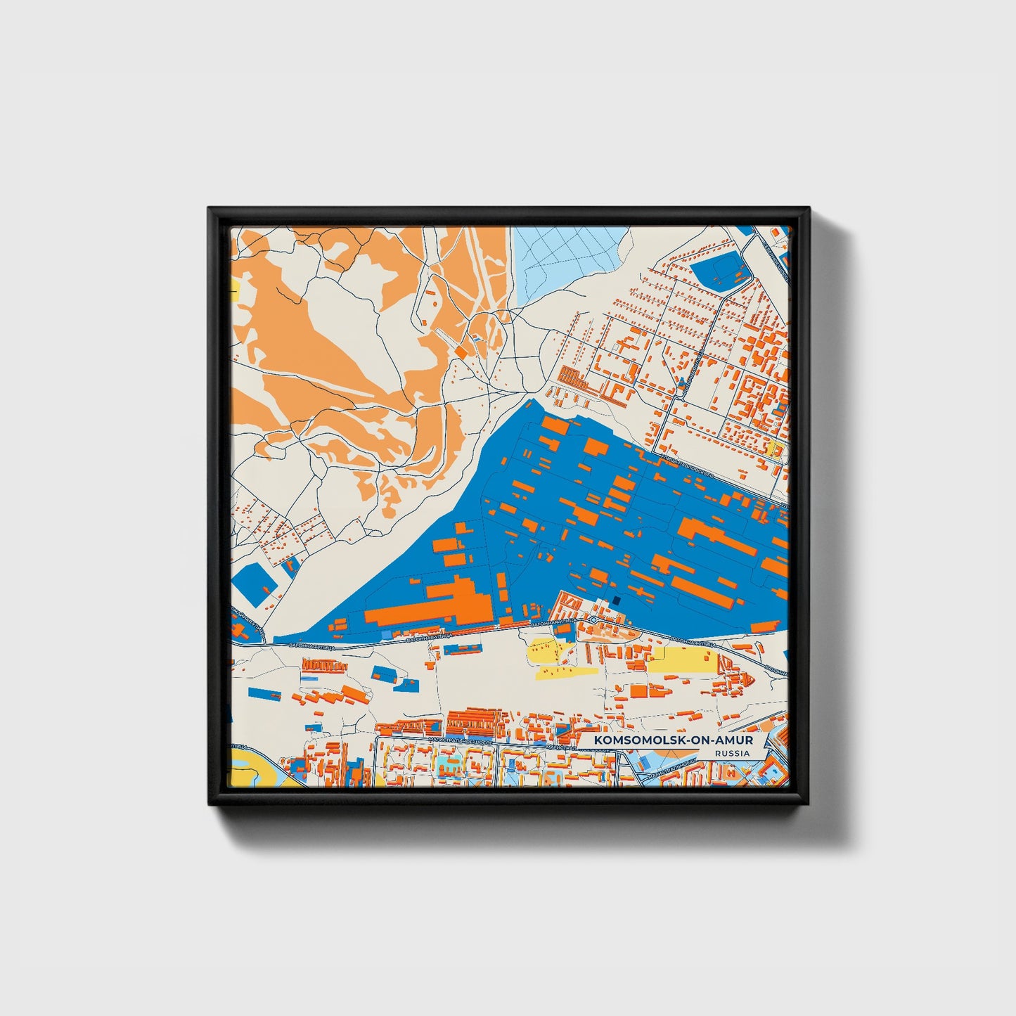 Комсомольск-На-Амур Russia Colorful City Map Canvas Print • Black Framed