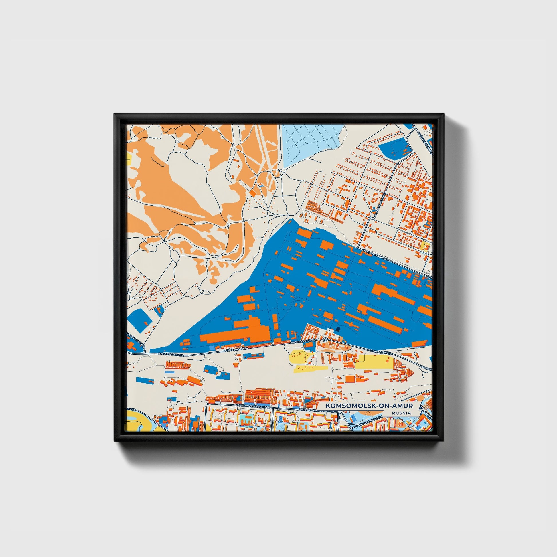 Комсомольск-На-Амур Russia Colorful City Map Canvas Print • Black Framed