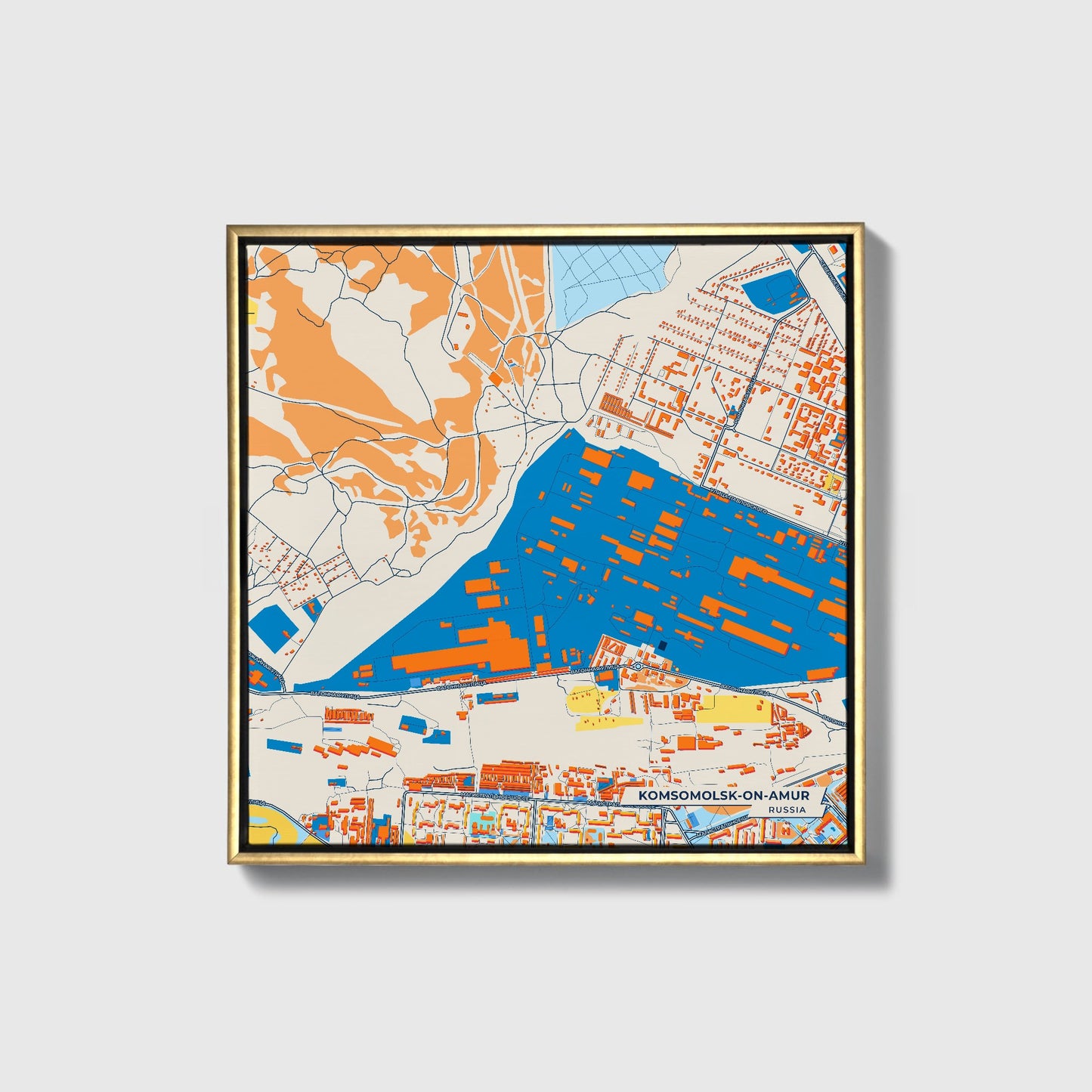 Комсомольск-На-Амур Russia Colorful City Map Canvas Print • Gold Framed