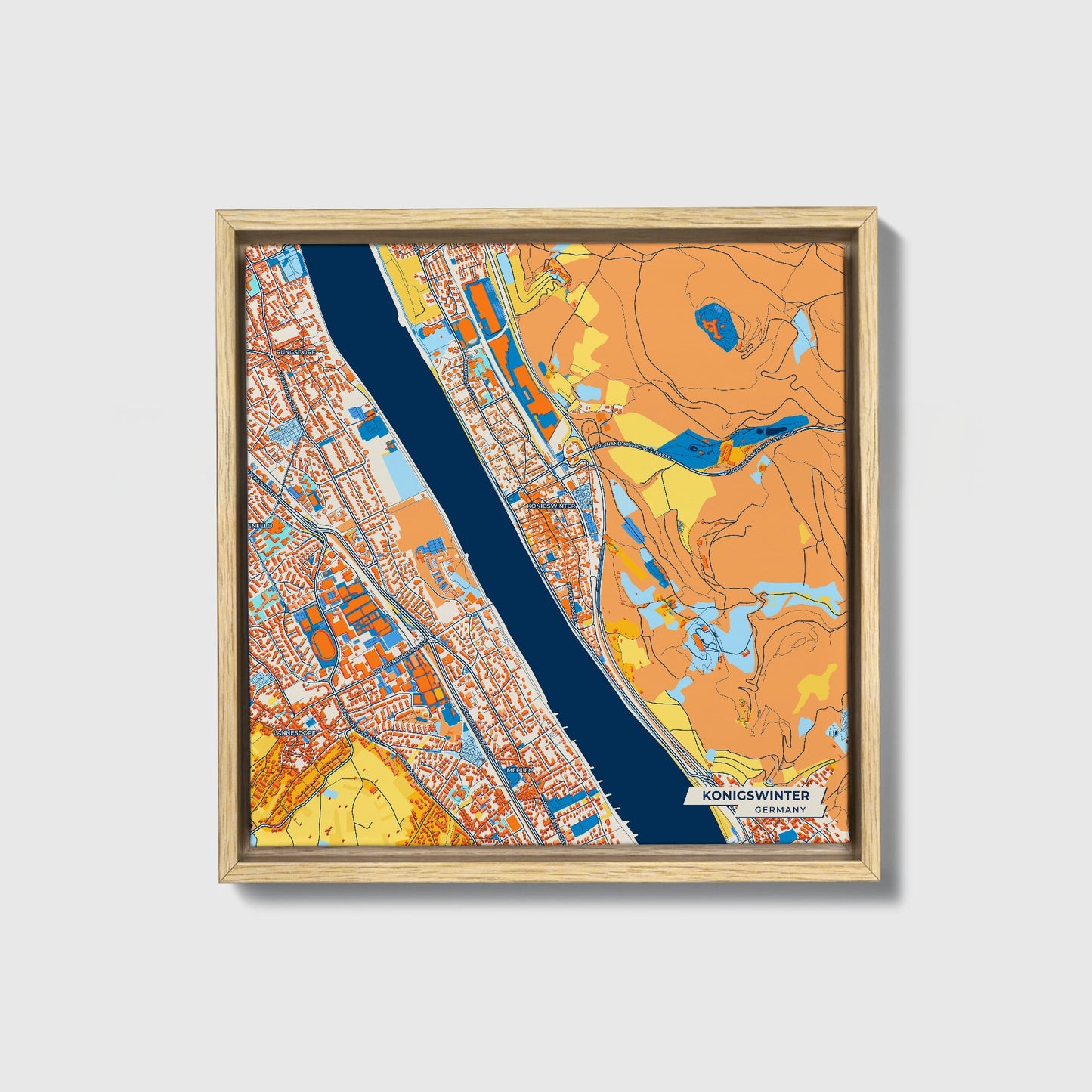 Königswinter Germany Colorful City Map Canvas Print • Natural Wooden Framed