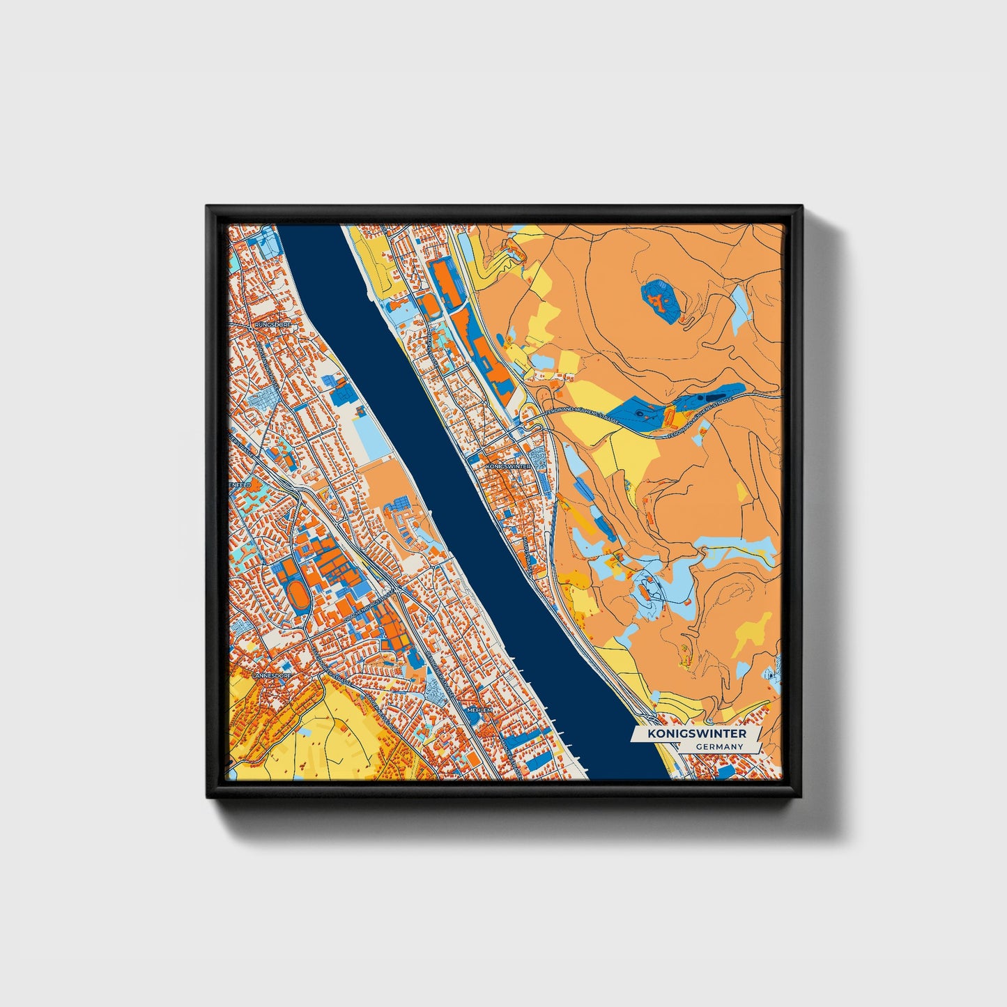 Königswinter Germany Colorful City Map Canvas Print • Black Framed