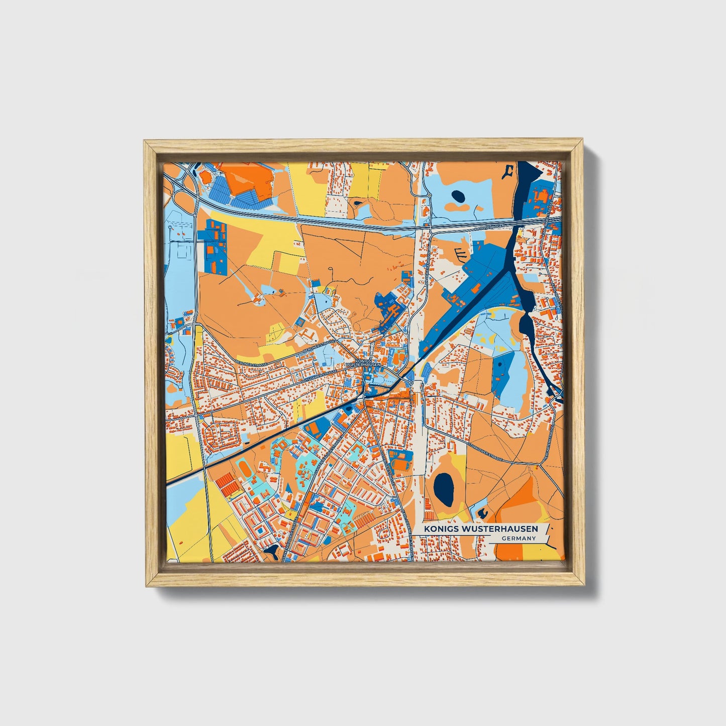 Königs Wusterhausen Germany Colorful City Map Canvas Print • Natural Wooden Framed