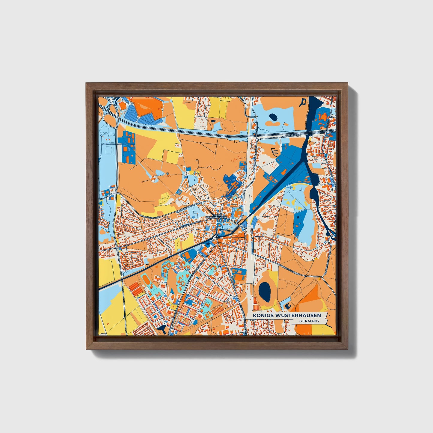 Königs Wusterhausen Germany Colorful City Map Canvas Print • Dark Wooden Framed