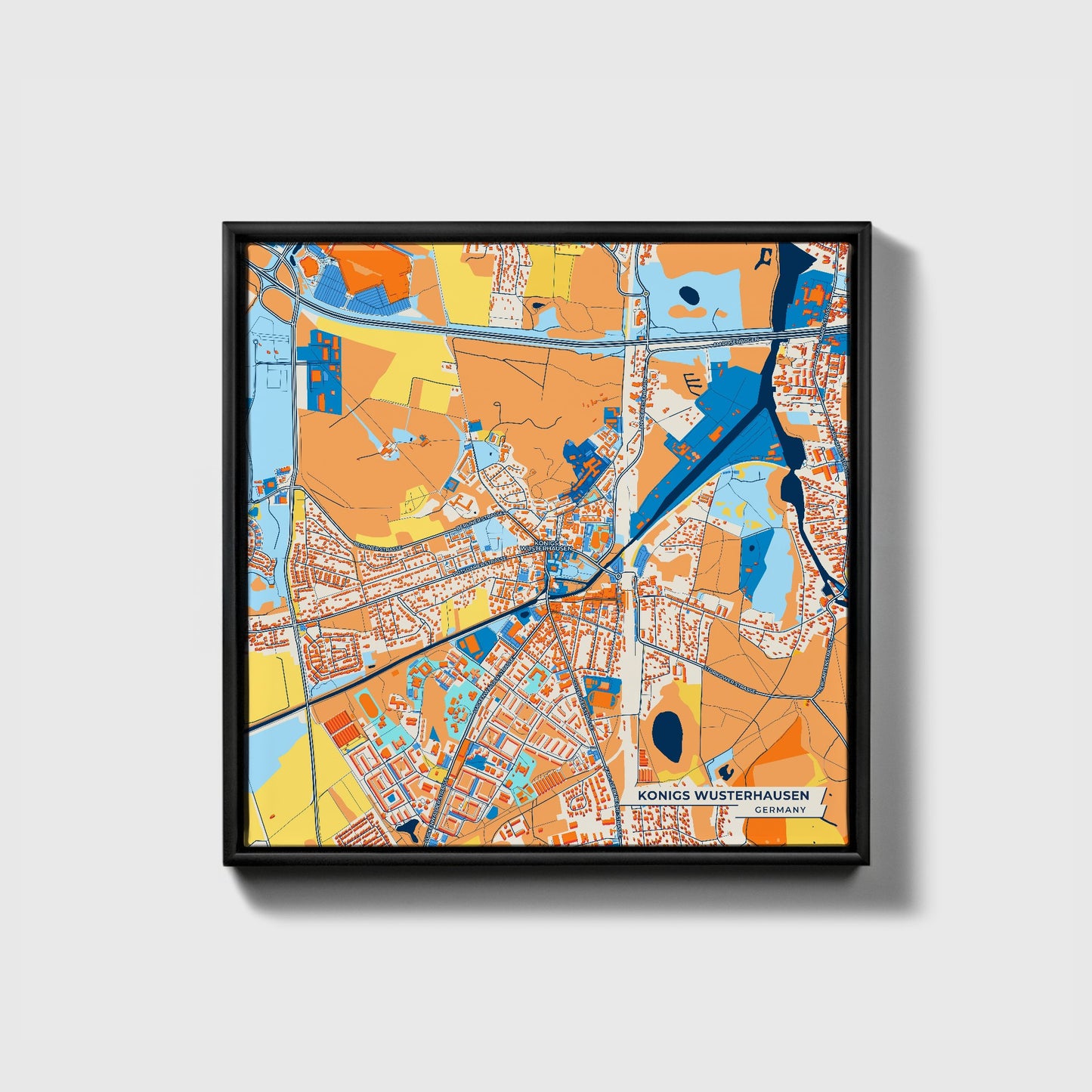 Königs Wusterhausen Germany Colorful City Map Canvas Print • Black Framed