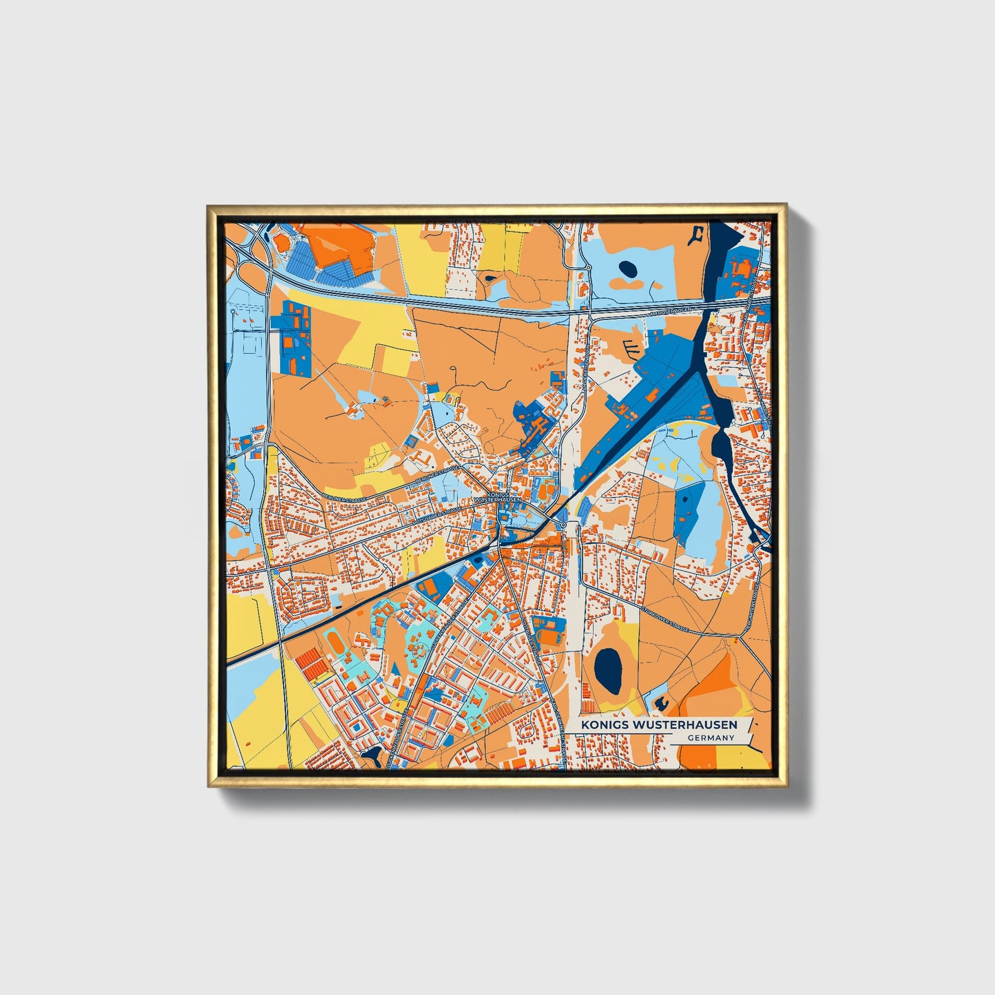 Königs Wusterhausen Germany Colorful City Map Canvas Print • Gold Framed