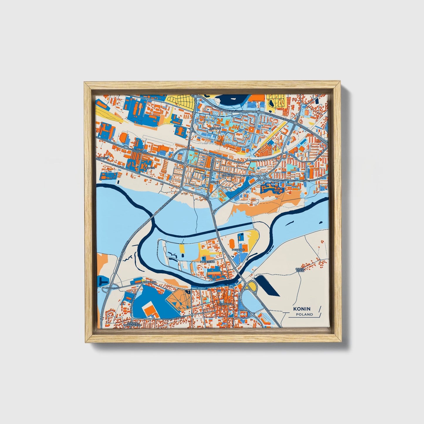 Konin Poland Colorful City Map Canvas Print • Natural Wooden Framed