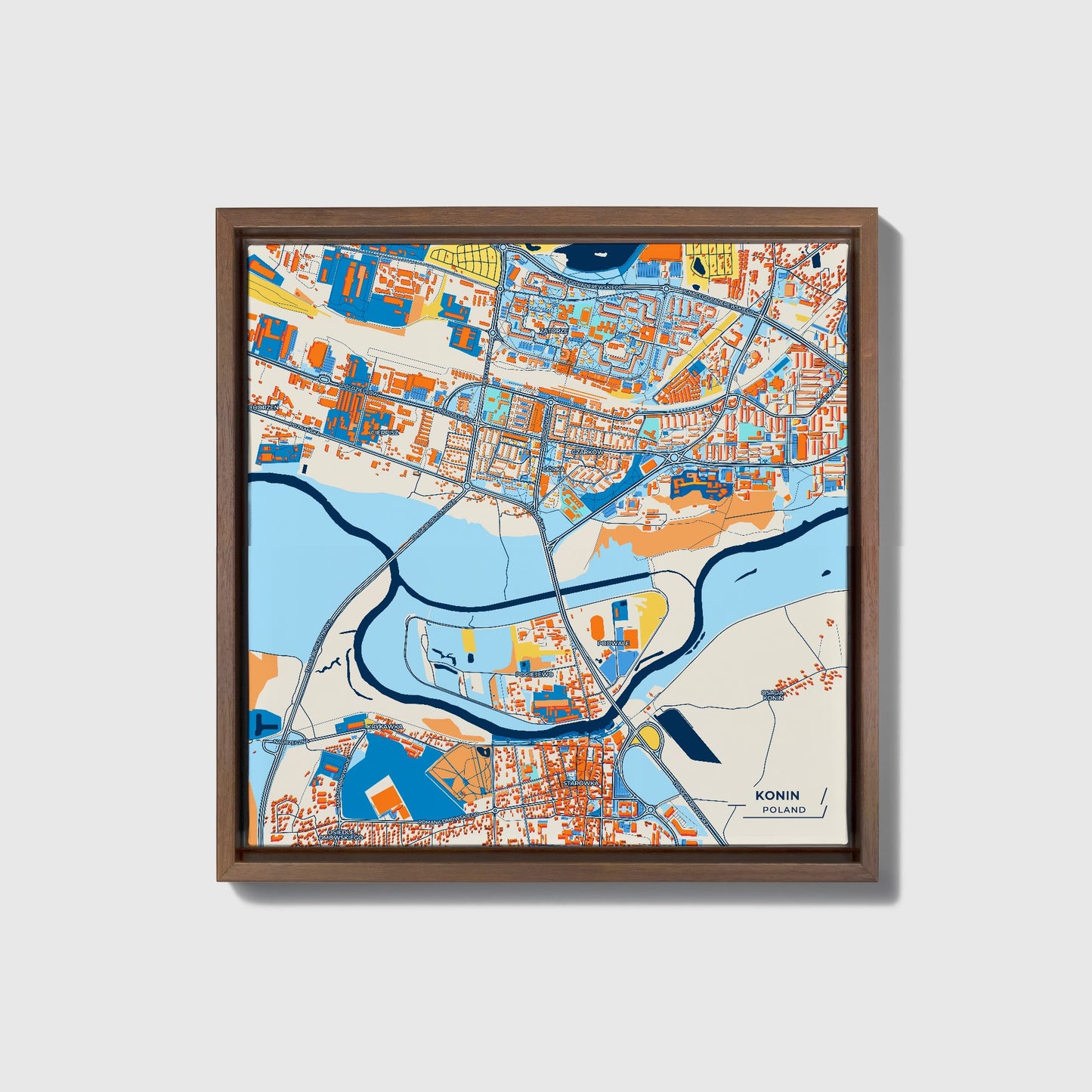 Konin Poland Colorful City Map Canvas Print • Dark Wooden Framed