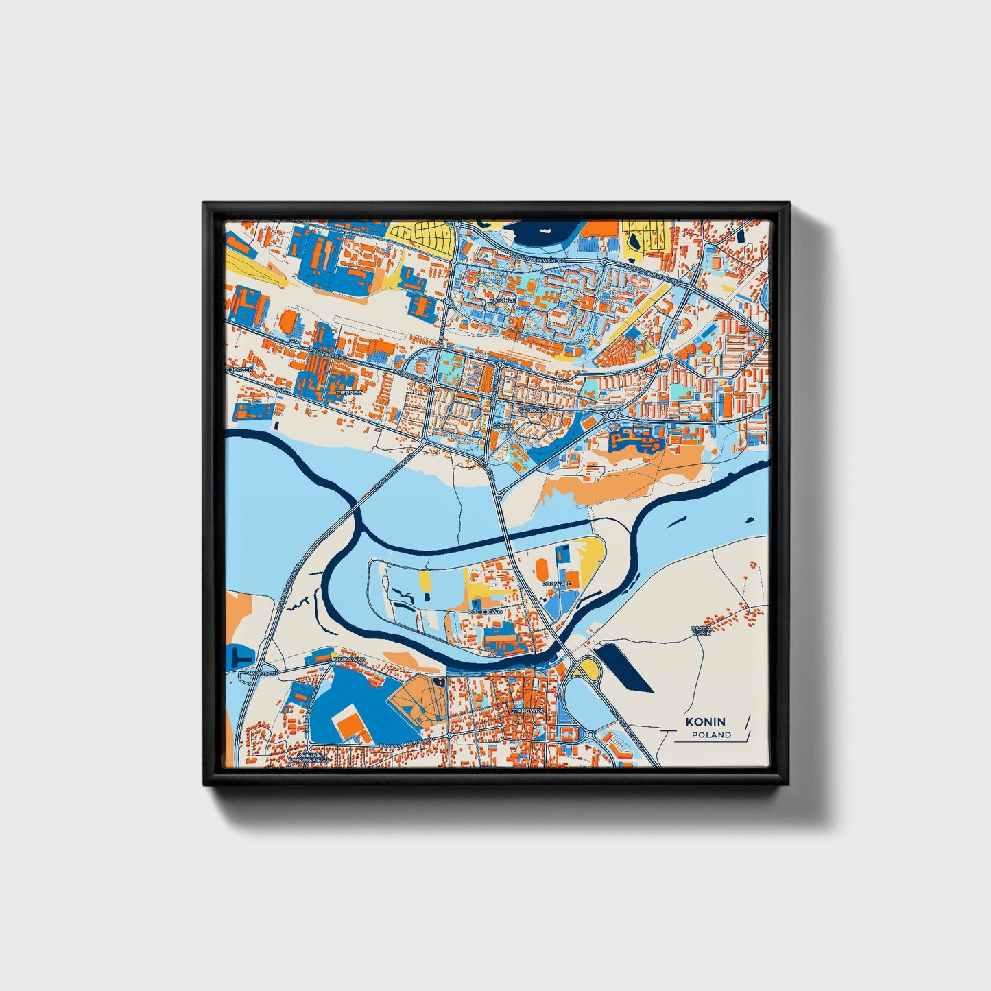 Konin Poland Colorful City Map Canvas Print • Black Framed