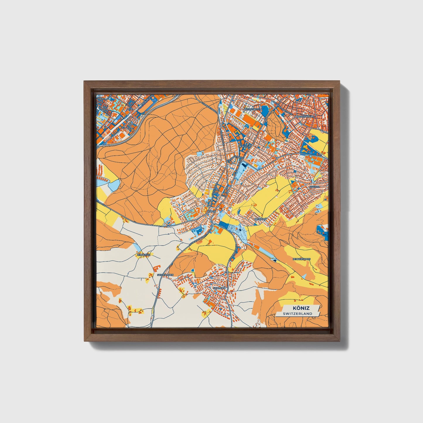 Köniz Switzerland Colorful City Map Canvas Print • Dark Wooden Framed