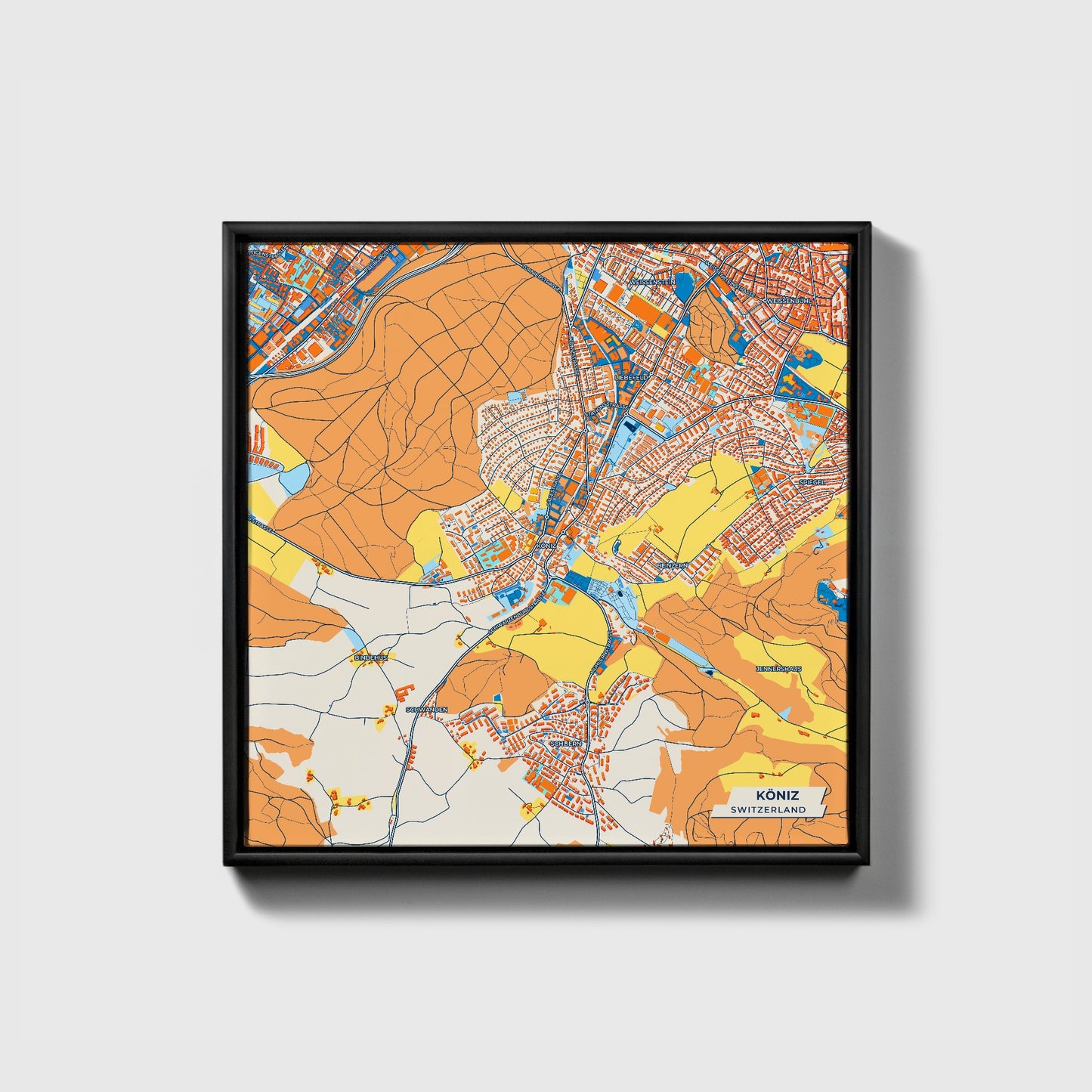 Köniz Switzerland Colorful City Map Canvas Print • Black Framed
