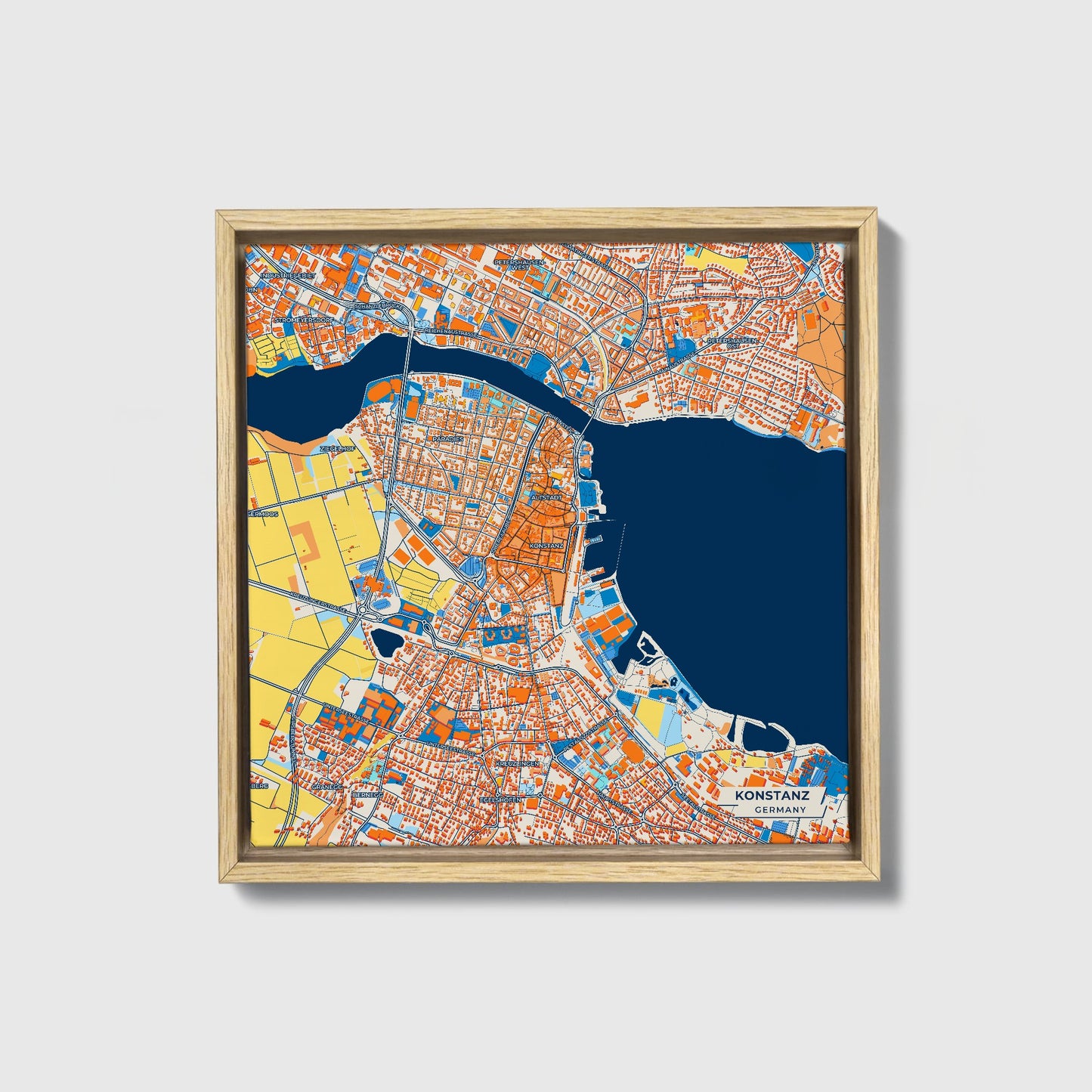 Konstanz Germany Colorful City Map Canvas Print • Natural Wooden Framed