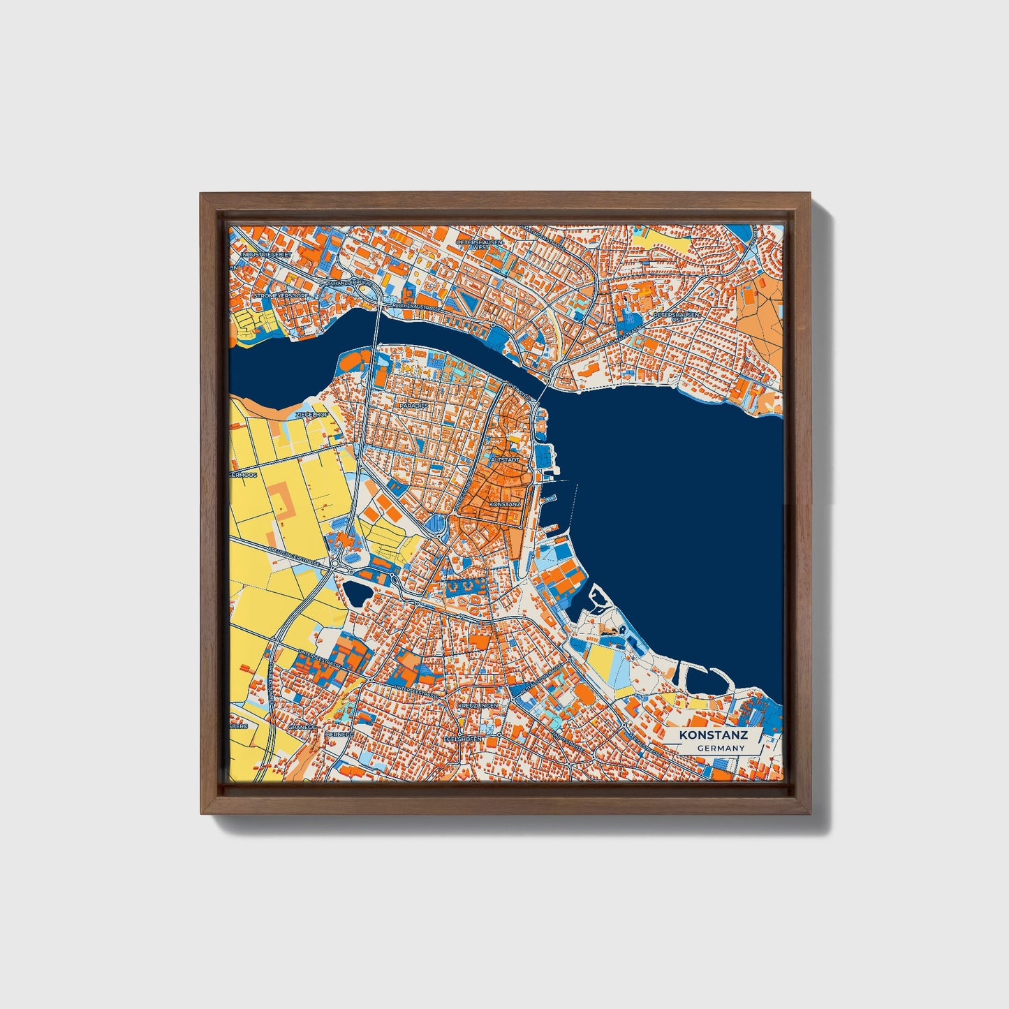 Konstanz Germany Colorful City Map Canvas Print • Dark Wooden Framed