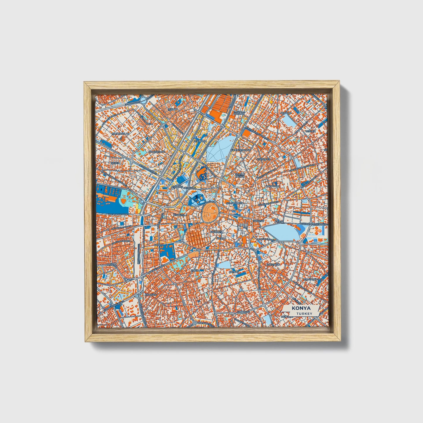 Konya Turkey Colorful City Map Canvas Print • Natural Wooden Framed