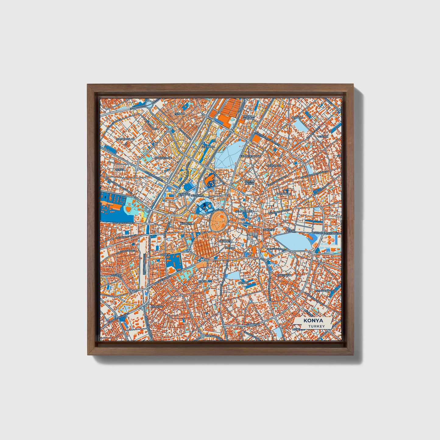 Konya Turkey Colorful City Map Canvas Print • Dark Wooden Framed