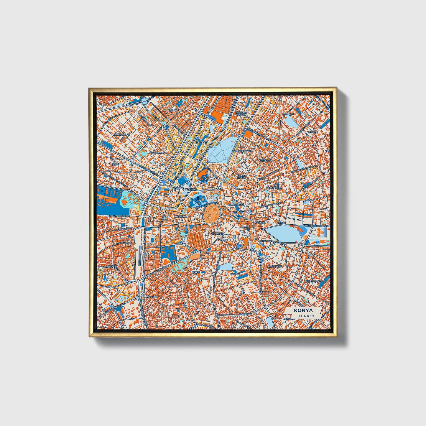 Konya Turkey Colorful City Map Canvas Print • Gold Framed