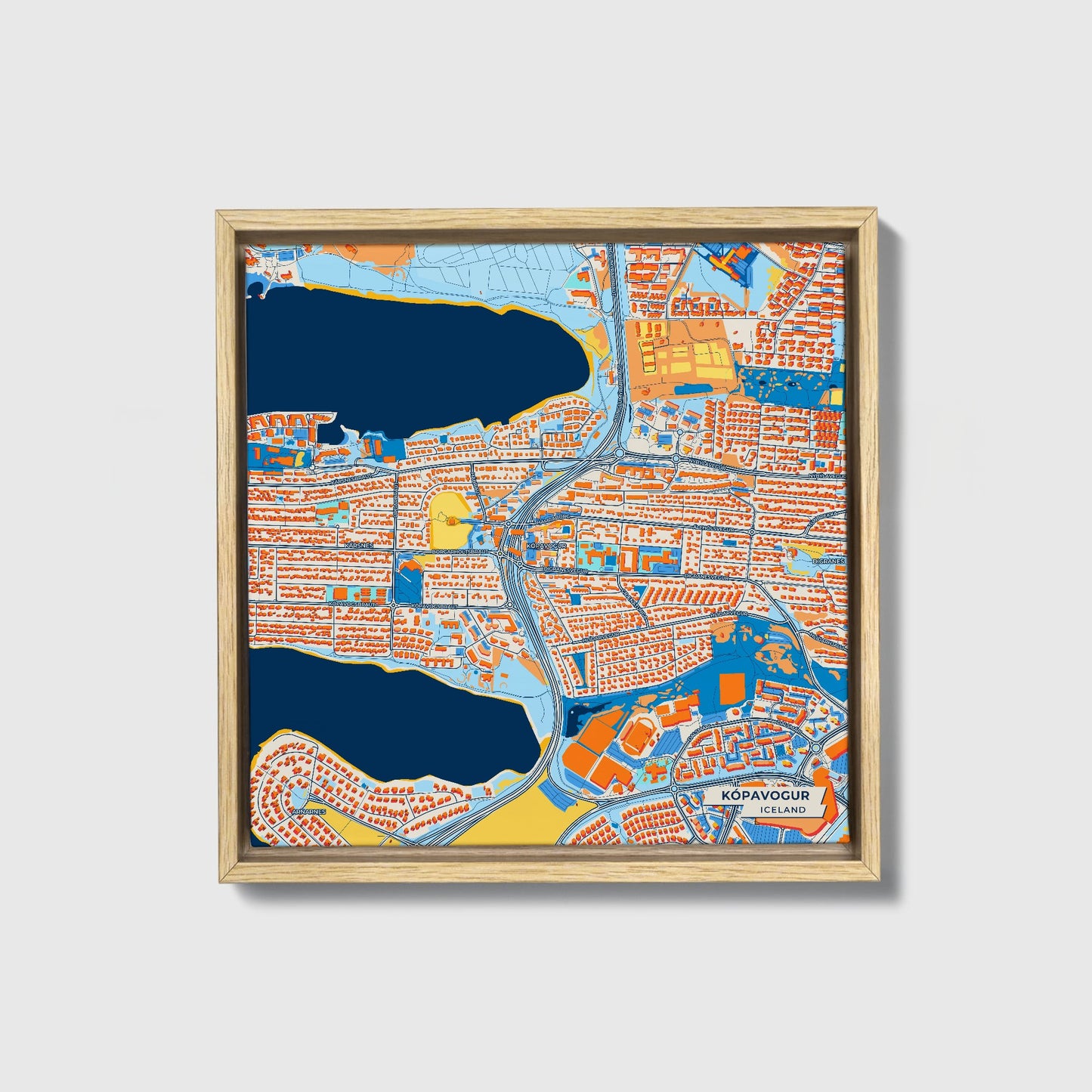 Kópavogur Iceland Colorful City Map Canvas Print • Natural Wooden Framed