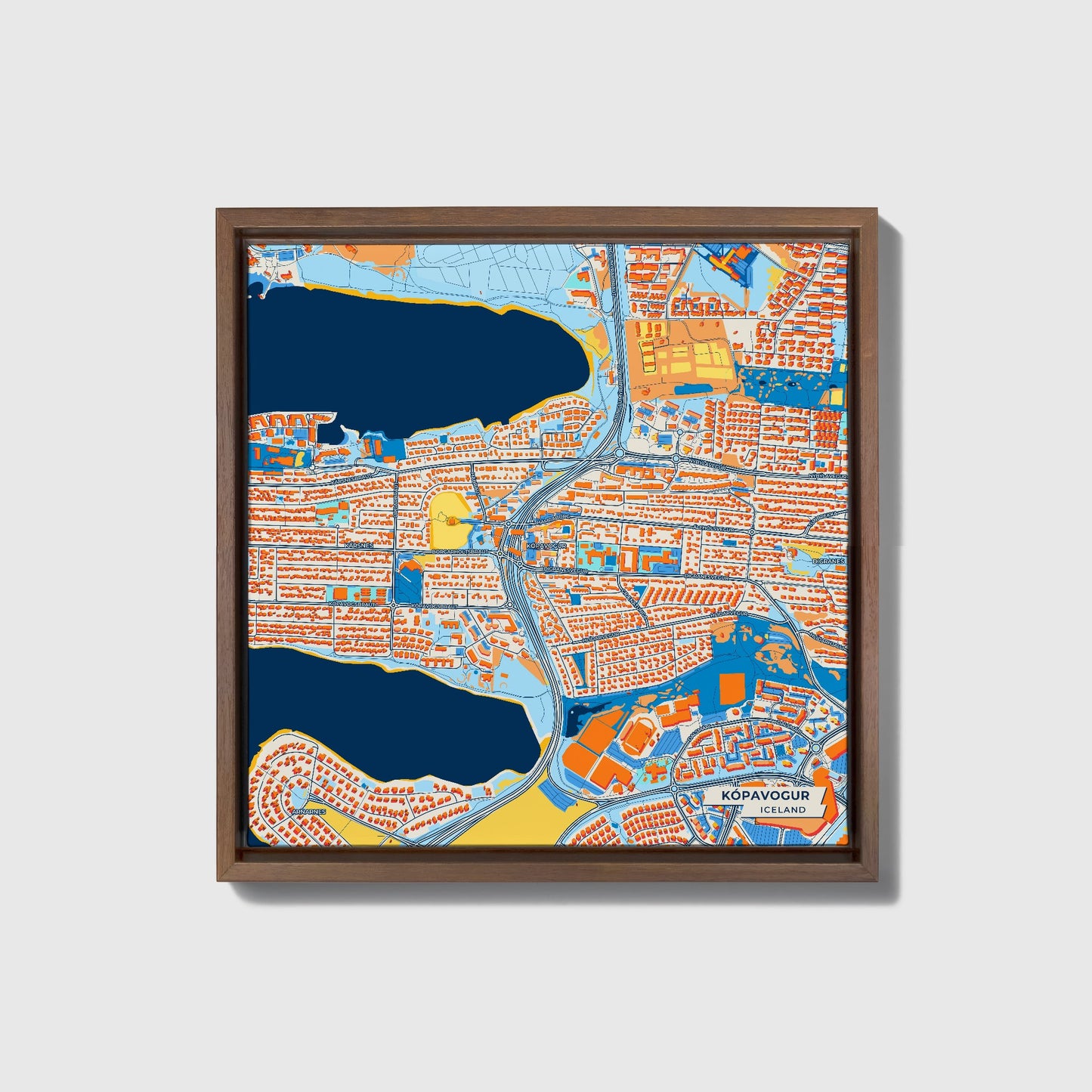 Kópavogur Iceland Colorful City Map Canvas Print • Dark Wooden Framed