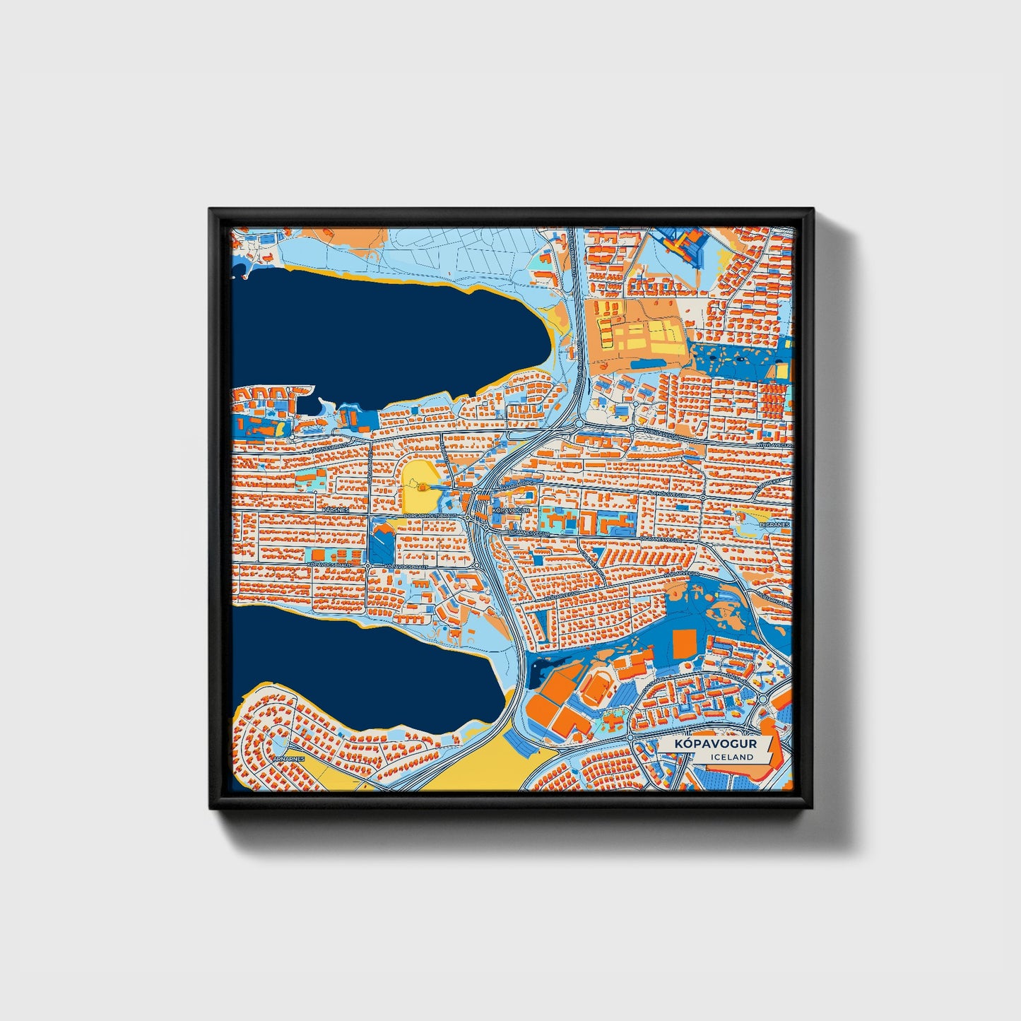 Kópavogur Iceland Colorful City Map Canvas Print • Black Framed