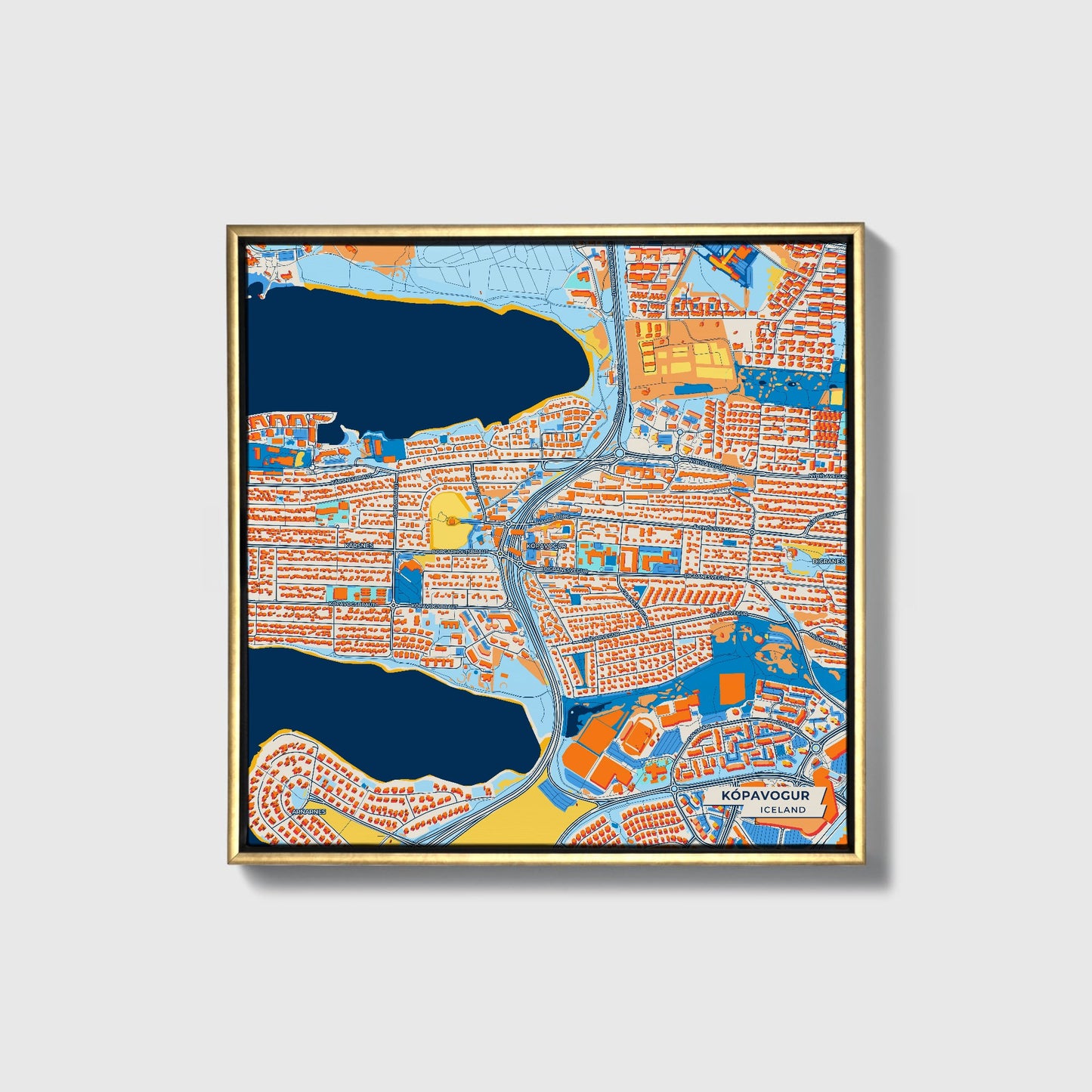 Kópavogur Iceland Colorful City Map Canvas Print • Gold Framed
