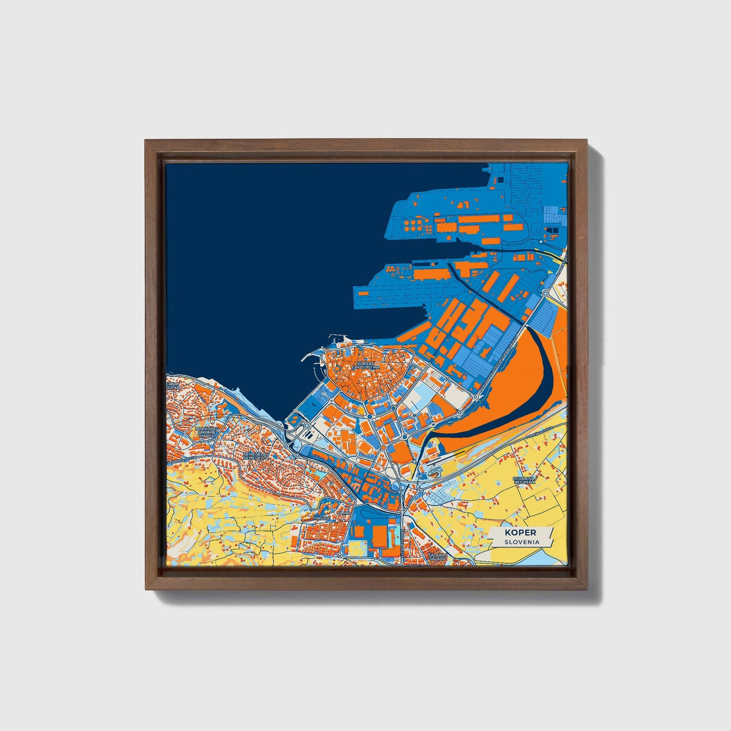 Koper Slovenia Colorful City Map Canvas Print • Dark Wooden Framed